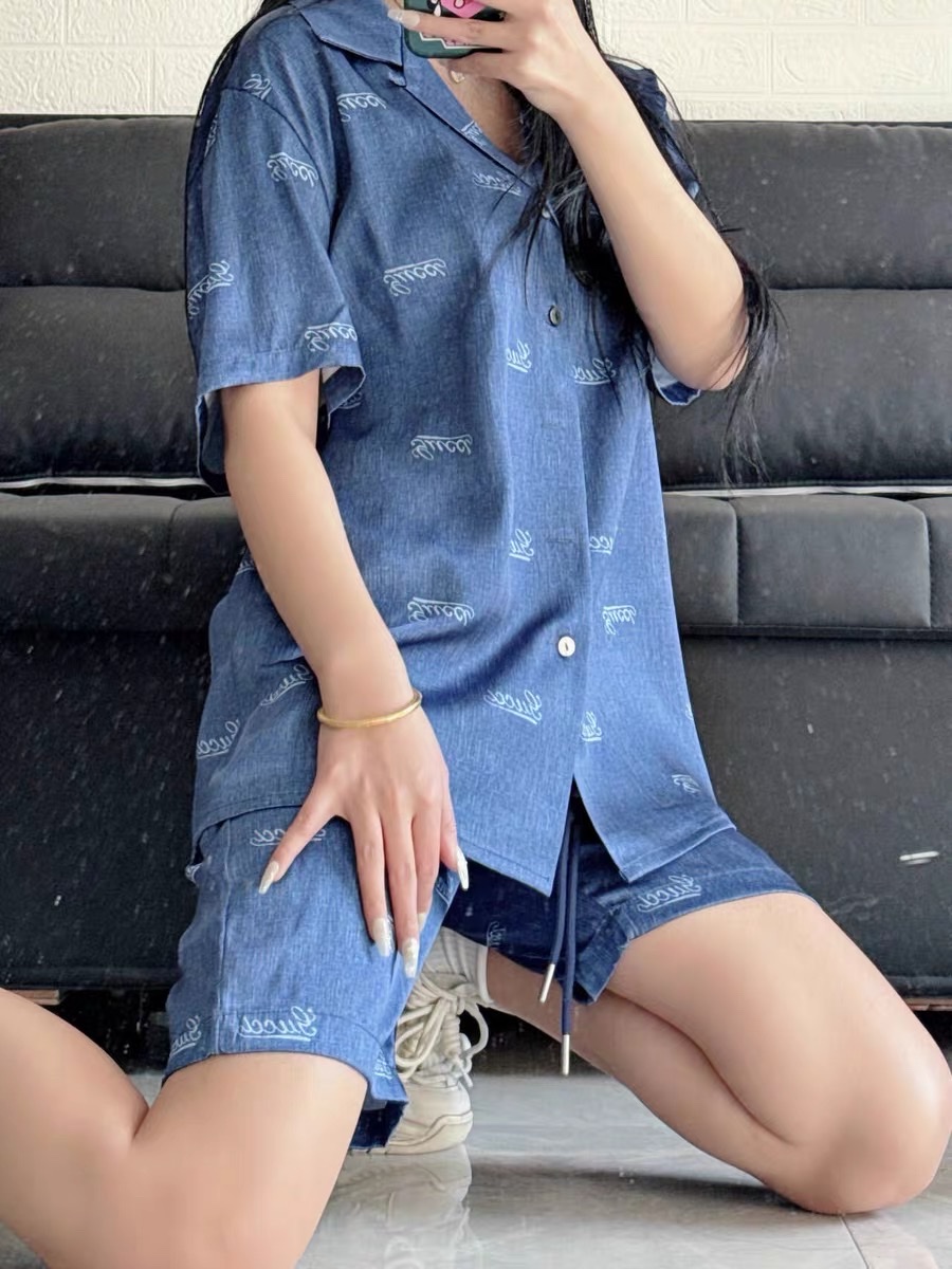 Bộ, set hè lụa Gucci GC Xanh than họa tiết logo chữ nhỏ full Like Auth VTN