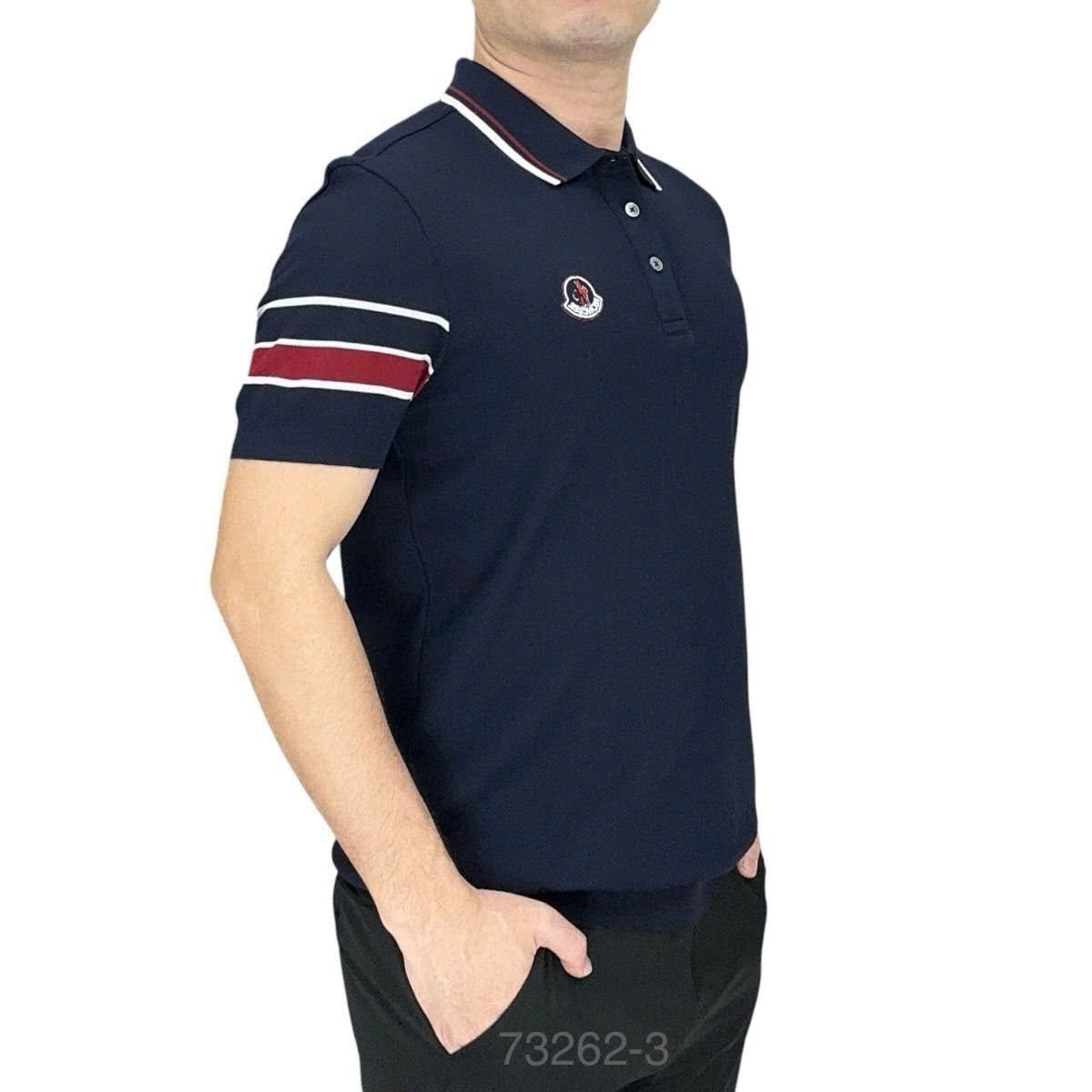 Áo polo Moncler M Xanh than logo thêu ngực kẻ sọc Đỏ Trắng Like Auth MK