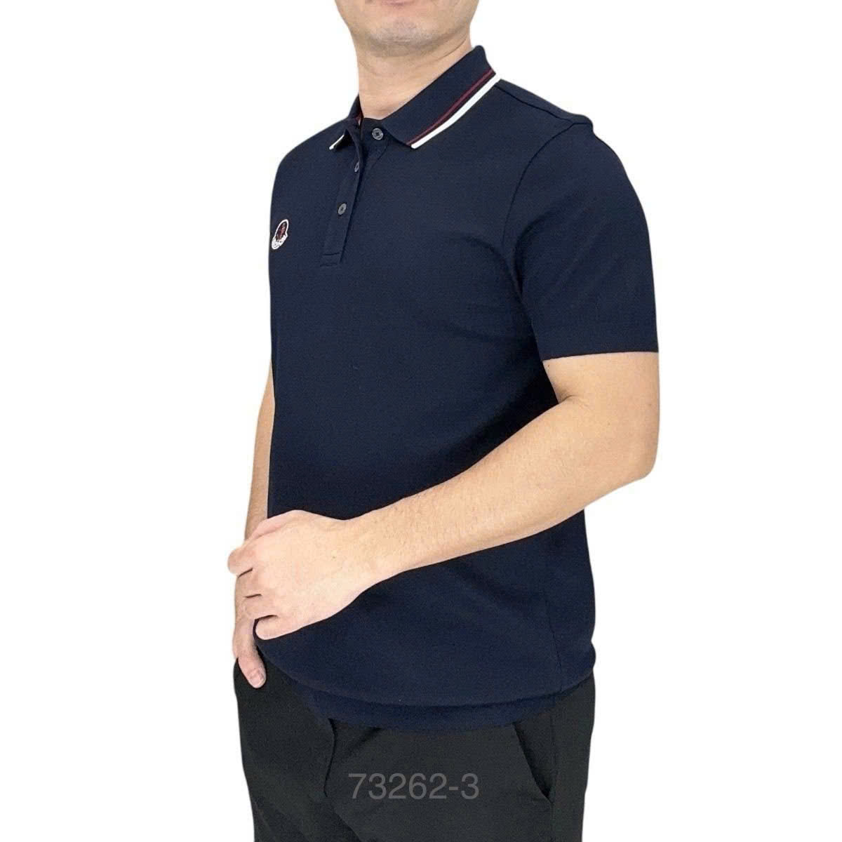 Áo polo Moncler M Xanh than logo thêu ngực kẻ sọc Đỏ Trắng Like Auth MK