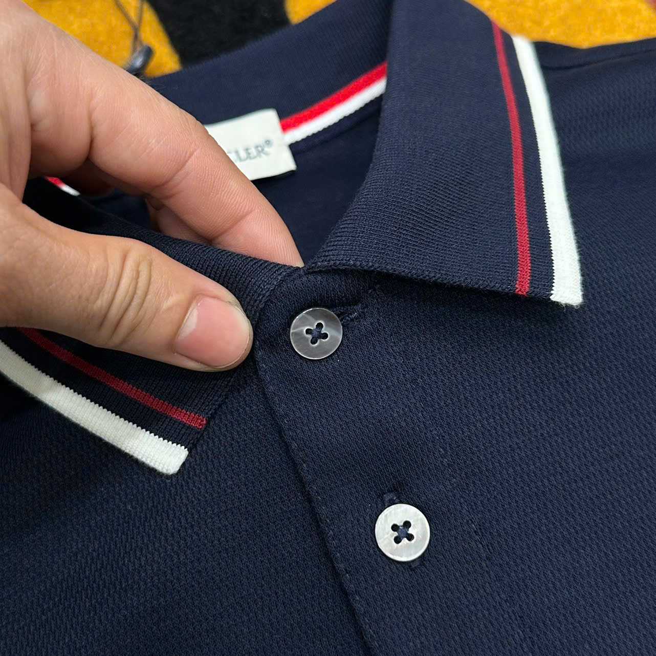Áo polo Moncler M Xanh than logo thêu ngực kẻ sọc Đỏ Trắng Like Auth MK