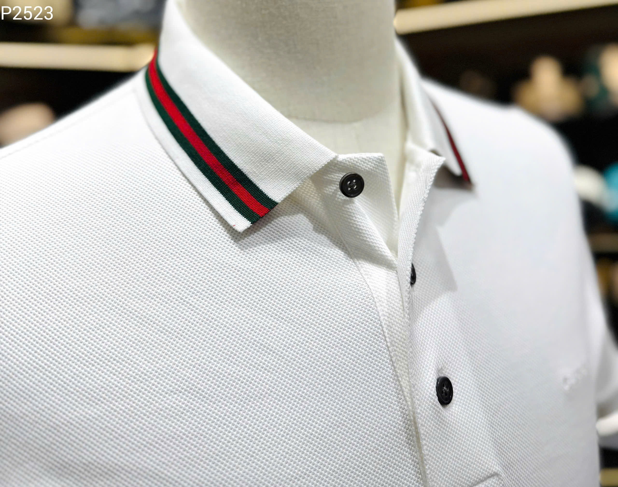 Áo polo Gucci GC logo chữ thêu ngực phối kẻ sọc Xanh Đỏ cổ Like Auth MK