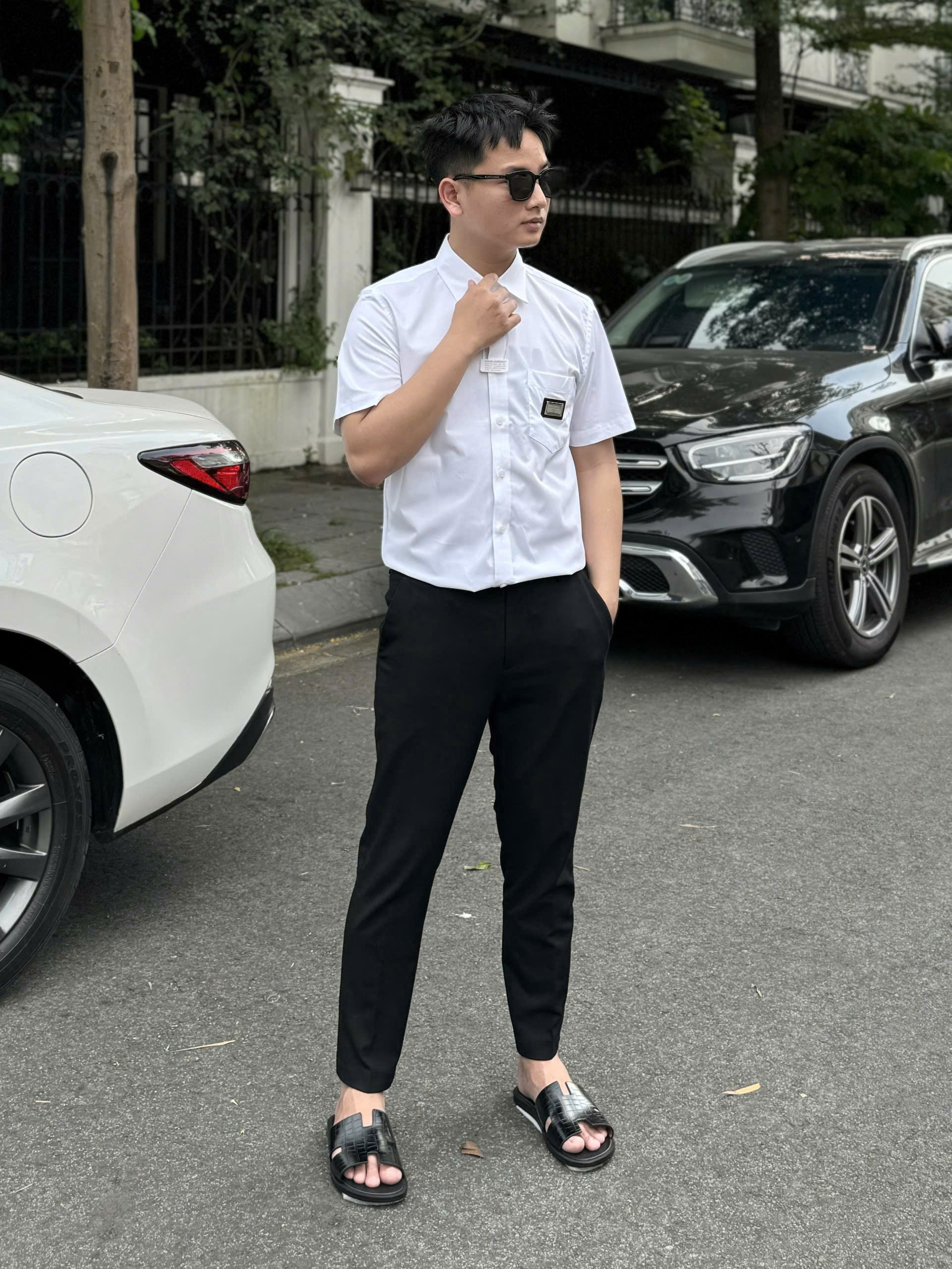 Áo sơ mi cộc tay Dolce Gabbana DG Trắng logo tag vuông túi ngực Like Auth MK