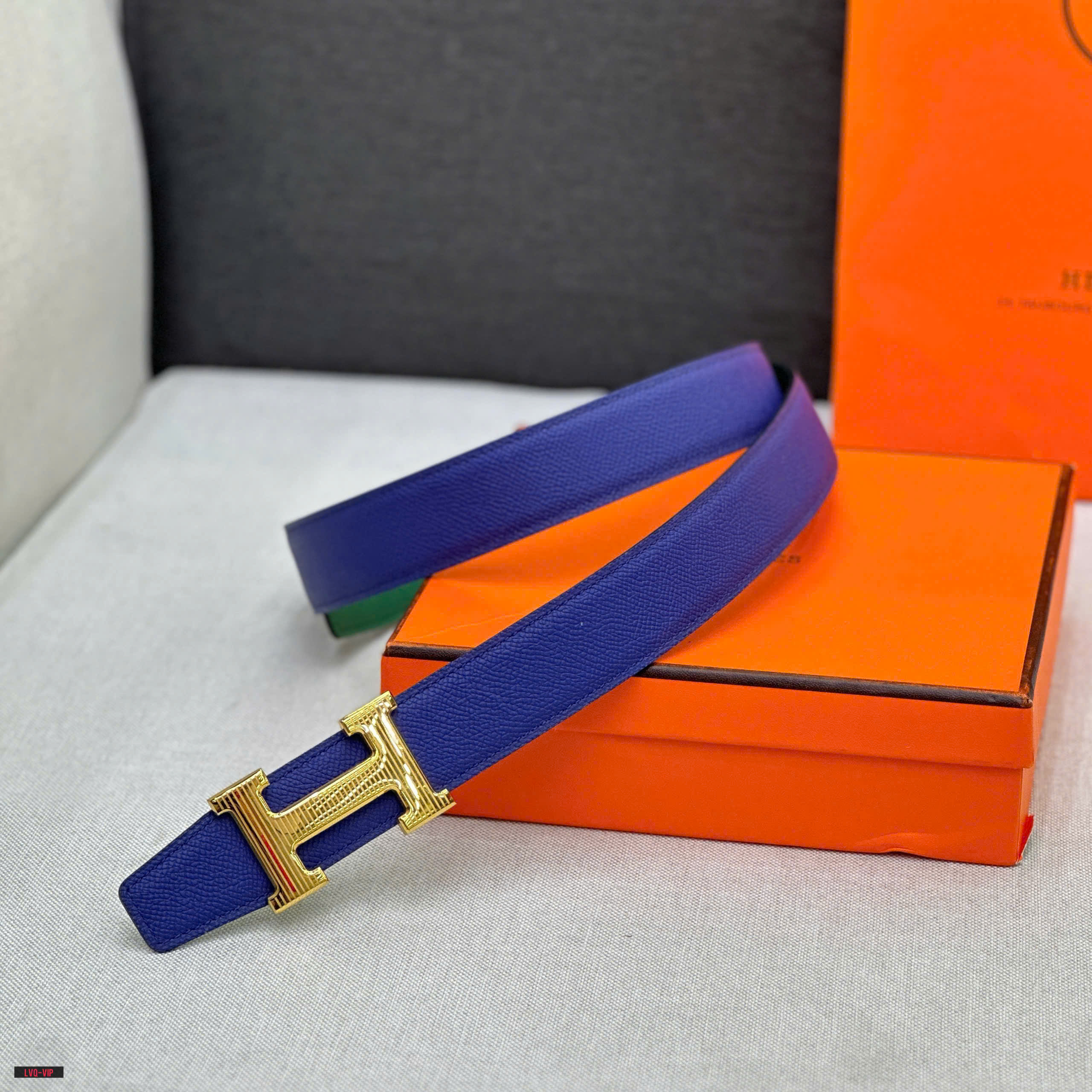 Thắt lưng, belt Hermes HM Xanh dương phối Xanh lá logo mặt H Vàng kẻ sọc Like Auth fullbox LVQ