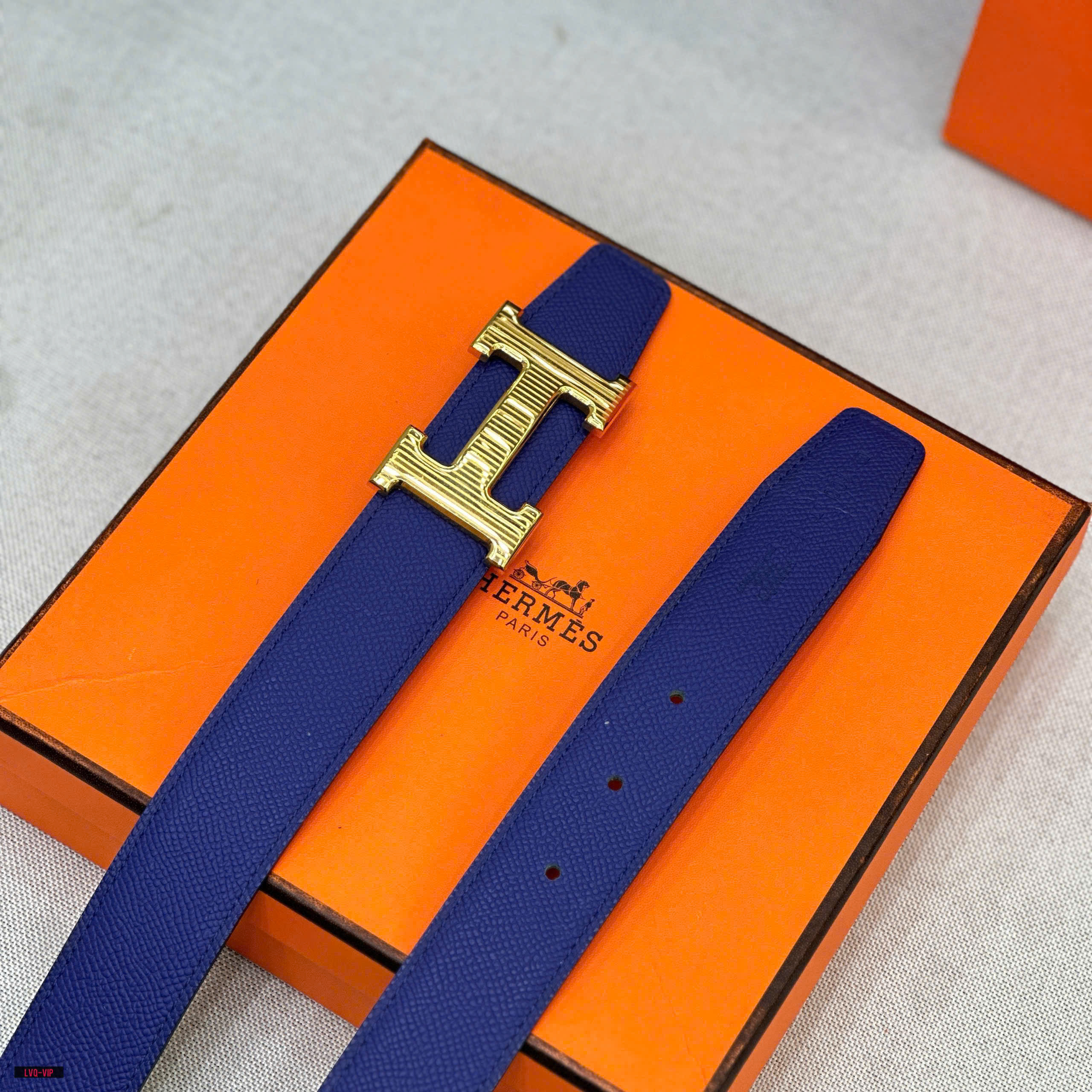 Thắt lưng, belt Hermes HM Xanh dương phối Xanh lá logo mặt H Vàng kẻ sọc Like Auth fullbox LVQ