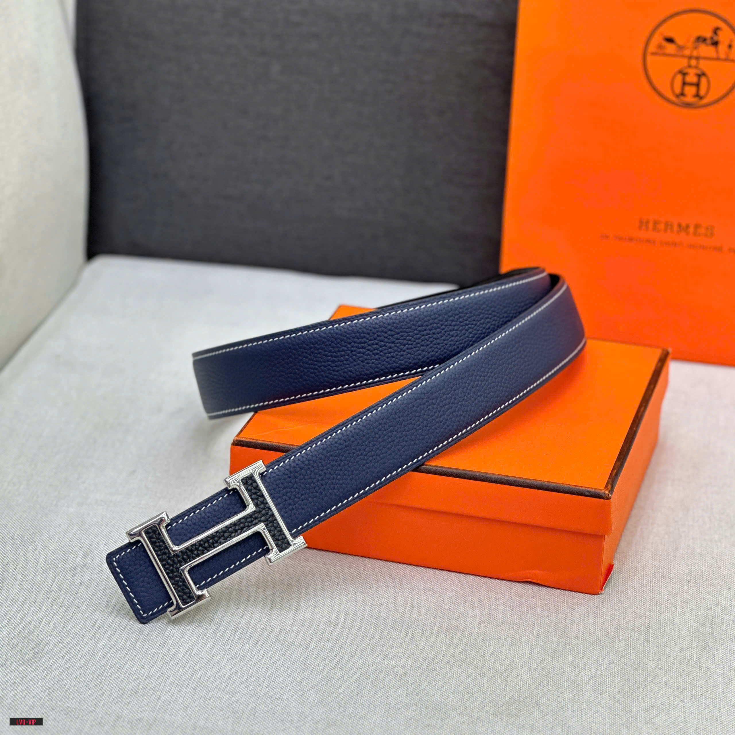 Thắt lưng, belt Hermes HM Xanh than phối Đen logo mặt H Đen viền Bạc Like Auth fullbox LVQ