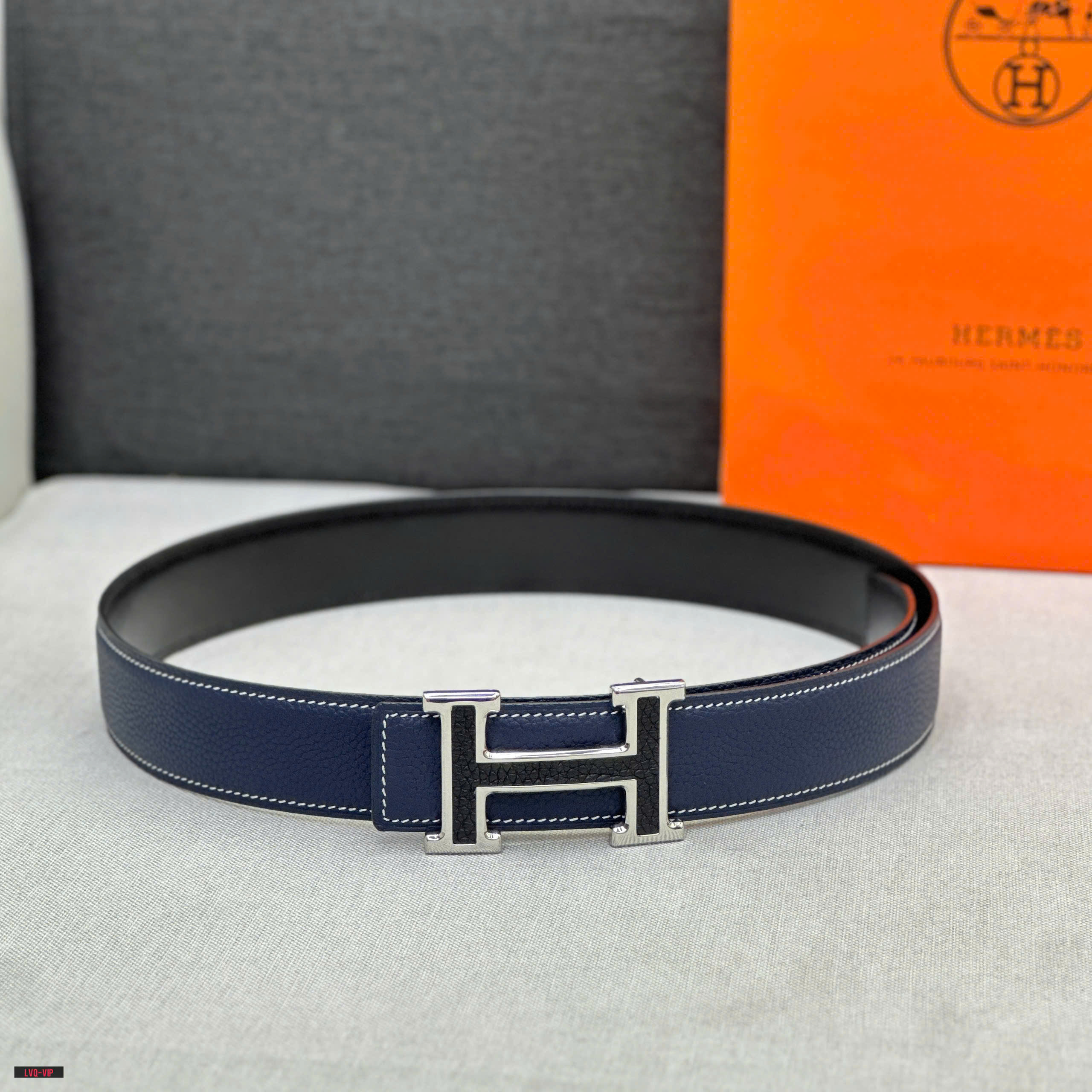 Thắt lưng, belt Hermes HM Xanh than phối Đen logo mặt H Đen viền Bạc Like Auth fullbox LVQ
