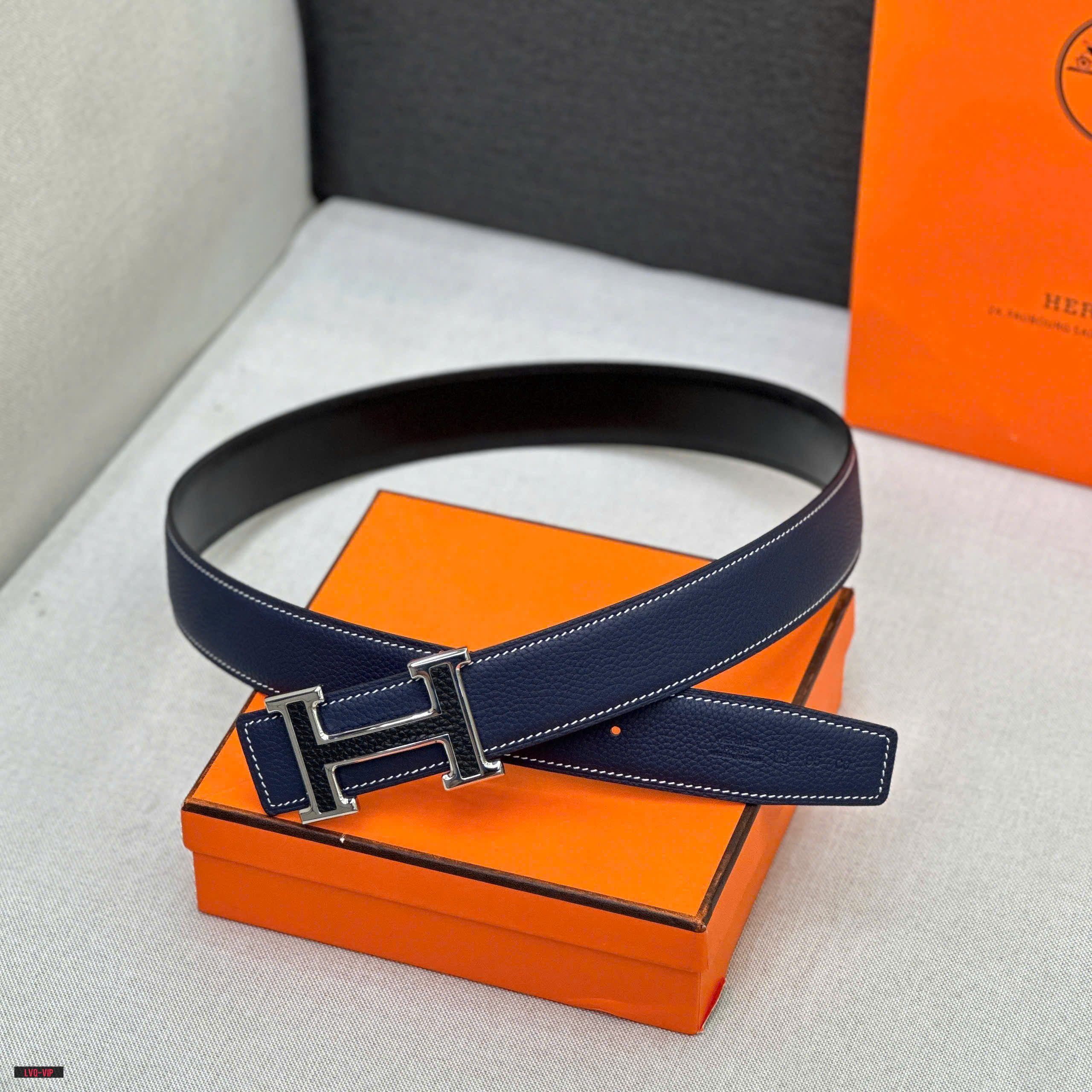 Thắt lưng, belt Hermes HM Xanh than phối Đen logo mặt H Đen viền Bạc Like Auth fullbox LVQ