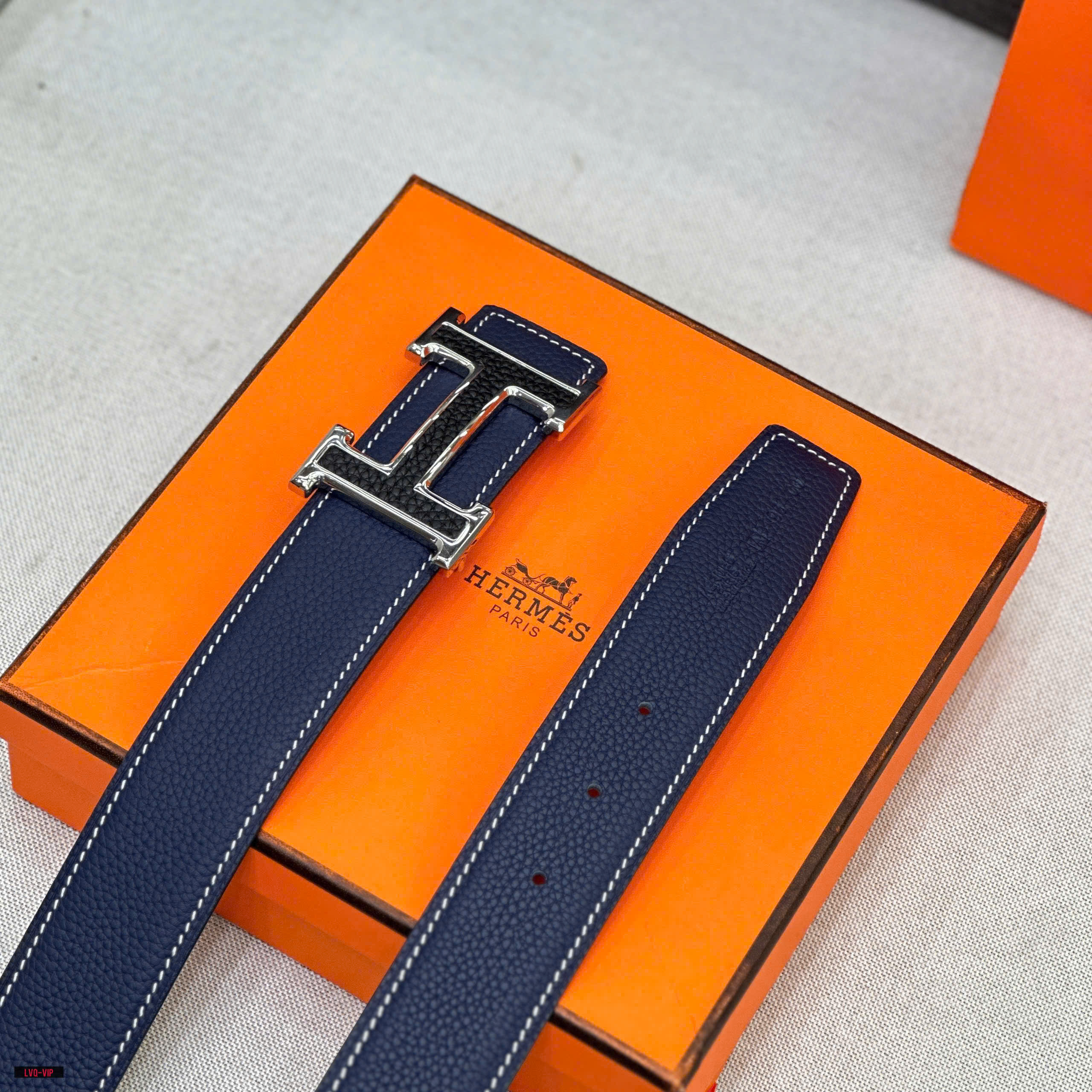 Thắt lưng, belt Hermes HM Xanh than phối Đen logo mặt H Đen viền Bạc Like Auth fullbox LVQ