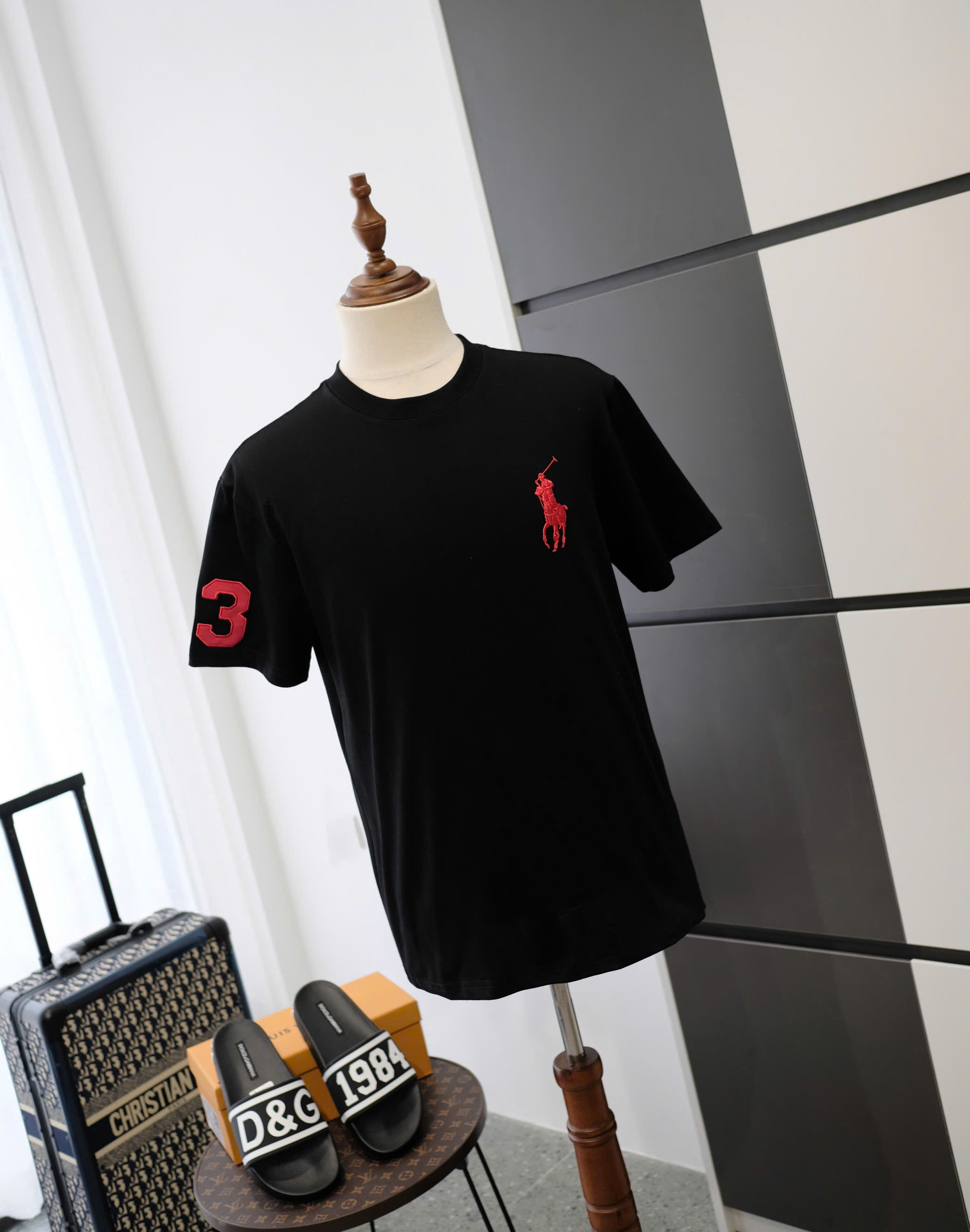 Áo phông T-shirt Polo Ralph Lauren Đen logo ngựa 3 Đỏ thêu ngực tay Like Auth DDT