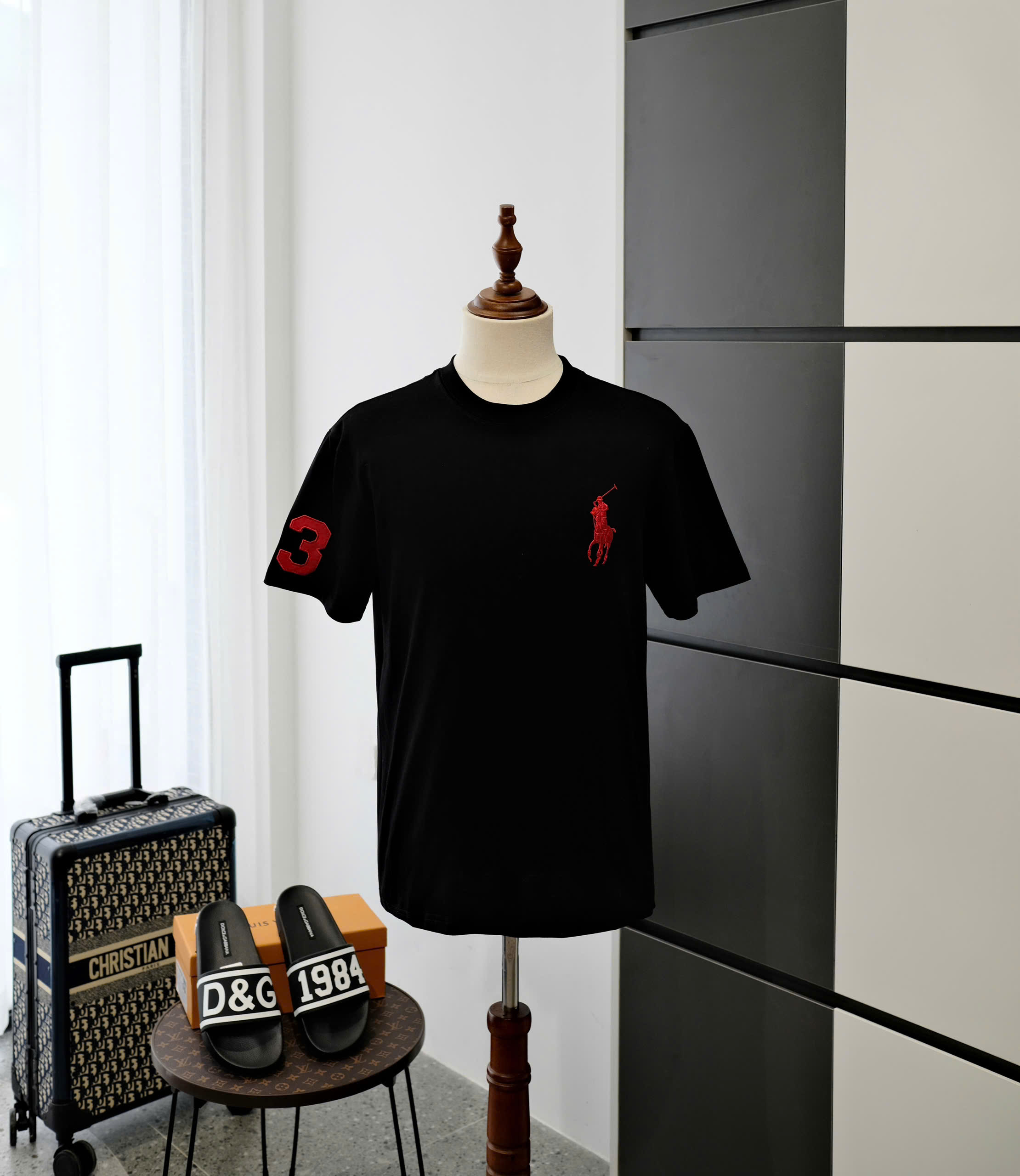 Áo phông T-shirt Polo Ralph Lauren Đen logo ngựa 3 Đỏ thêu ngực tay Like Auth DDT
