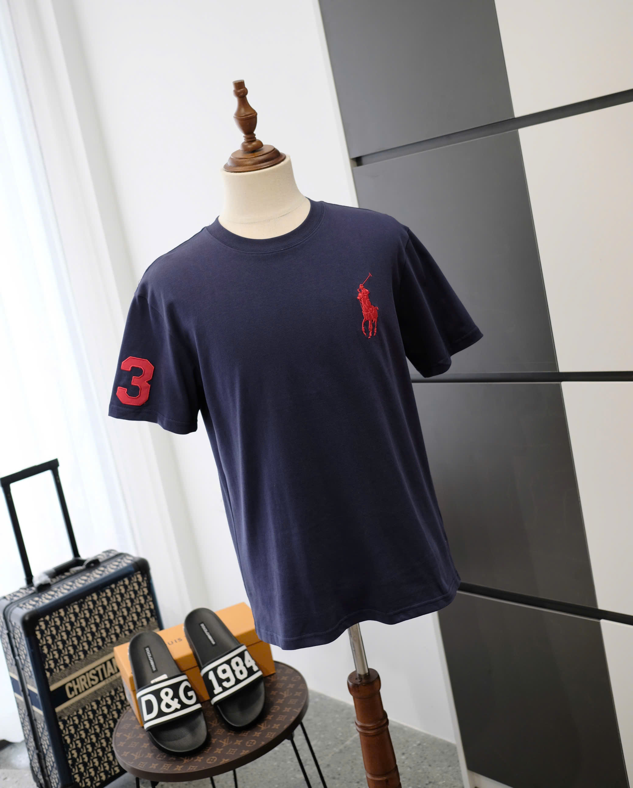 Áo phông T-shirt Polo Ralph Lauren Xanh than logo ngựa 3 Đỏ thêu ngực tay Like Auth DDT