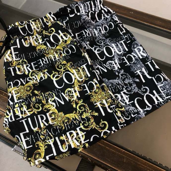 Quần short gió Versace VS Đen họa tiết hoa văn Vàng chữ Trắng full Like Auth VTN