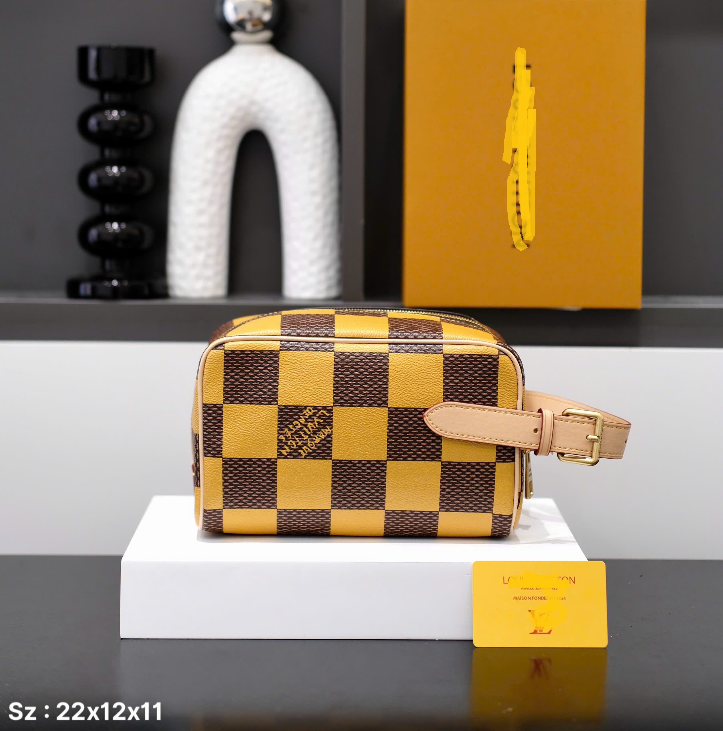 Túi clutch cầm tay Louis Vuitton LV kẻ ô caro Nâu phối Vàng size 22x12x11cm Like Auth fullbox DDT