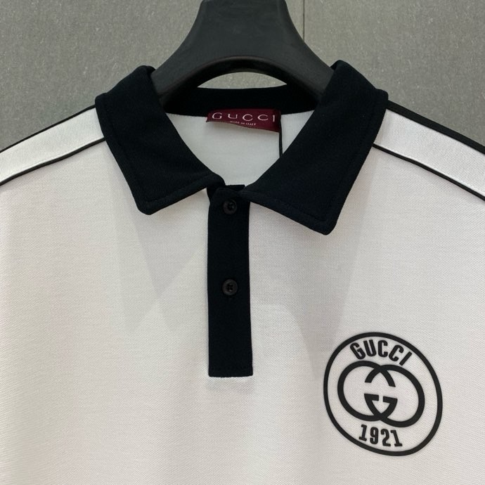 Áo polo Gucci GC Trắng logo tròn kẻ sọc viền Đen Like Auth VTN
