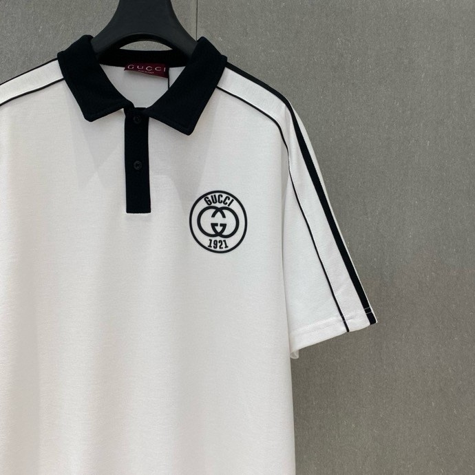 Áo polo Gucci GC Trắng logo tròn kẻ sọc viền Đen Like Auth VTN