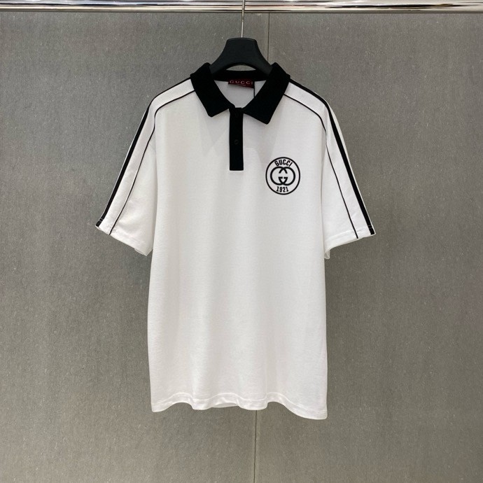 Áo polo Gucci GC Trắng logo tròn kẻ sọc viền Đen Like Auth VTN