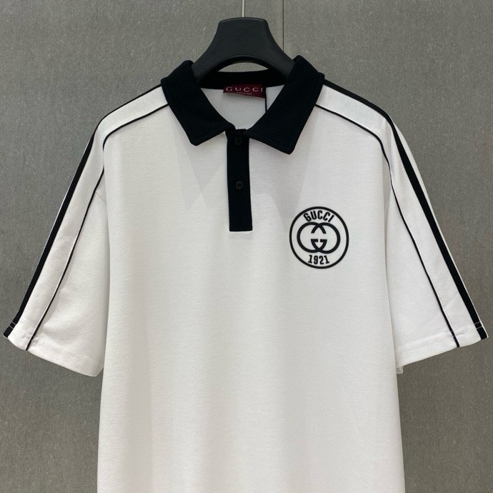 Áo polo Gucci GC Trắng logo tròn kẻ sọc viền Đen Like Auth VTN