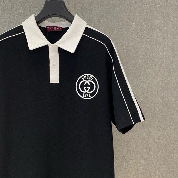 Áo polo Gucci GC Đen logo tròn kẻ sọc viền Trắng Like Auth VTN