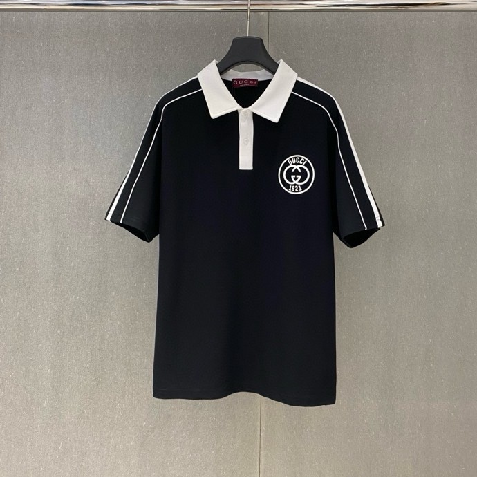 Áo polo Gucci GC Đen logo tròn kẻ sọc viền Trắng Like Auth VTN