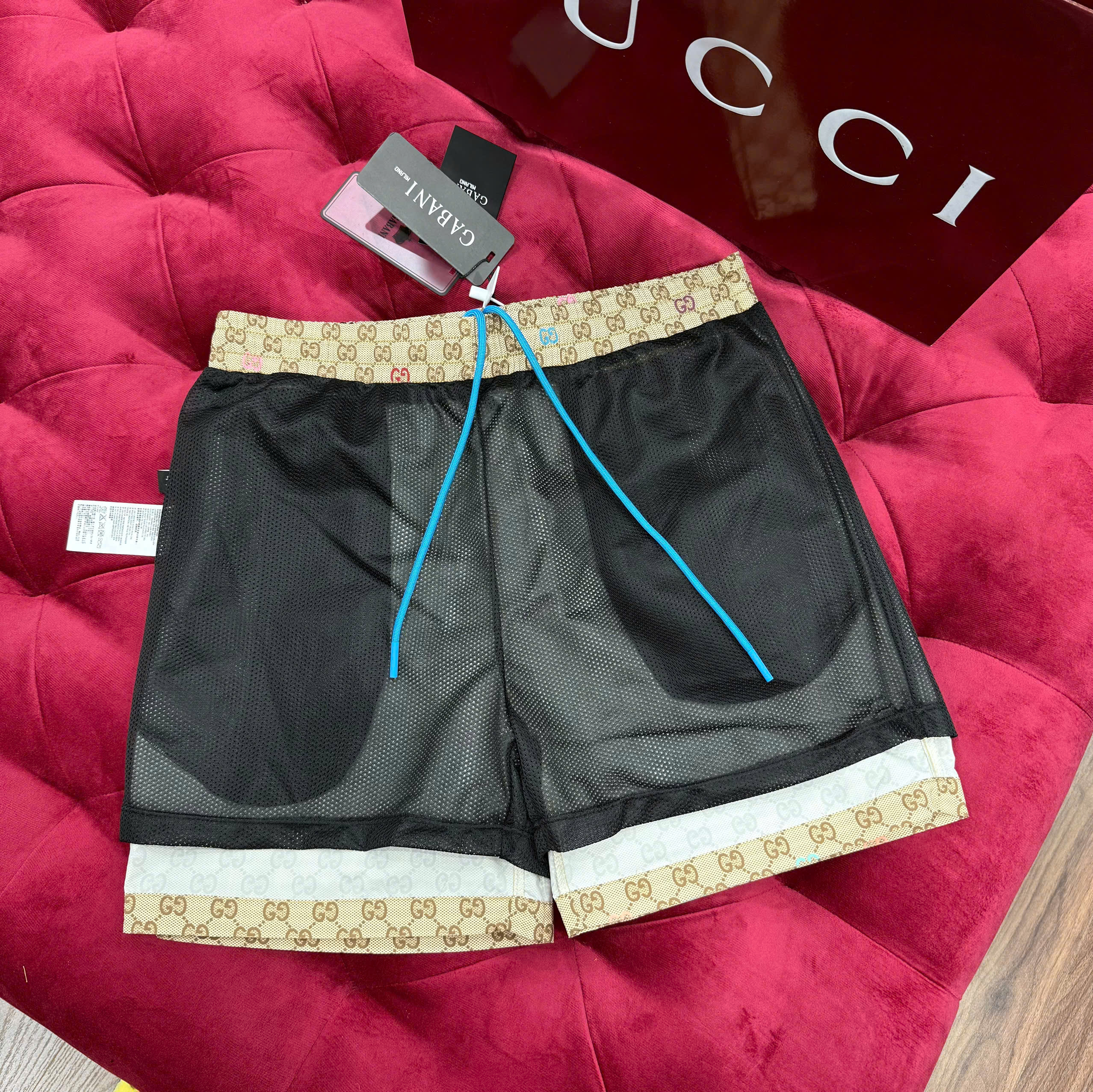 Quần short gió Gucci GC Nâu họa tiết monogram full phối dây Xanh Like Auth CD