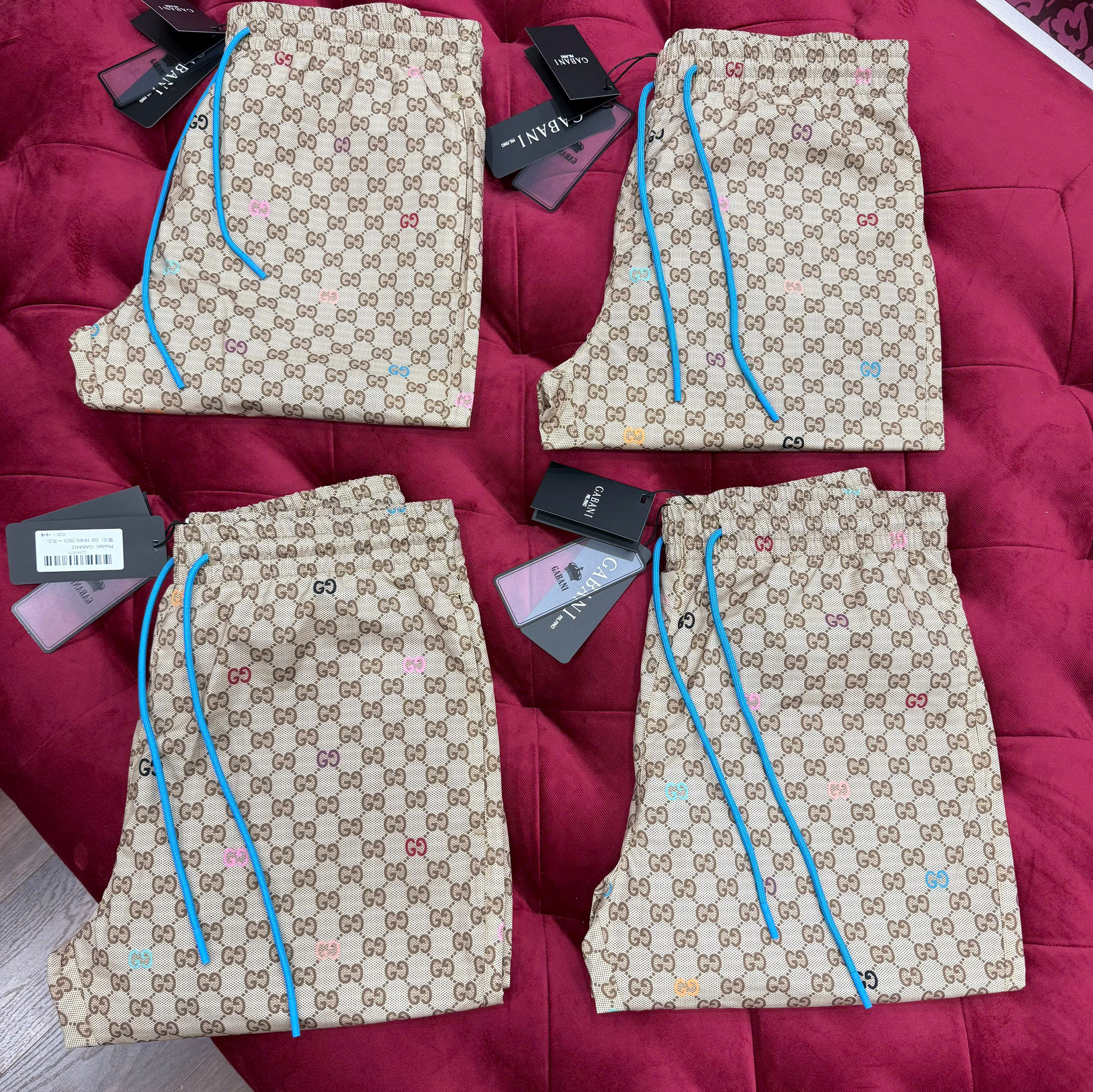 Quần short gió Gucci GC Nâu họa tiết monogram full phối dây Xanh Like Auth CD