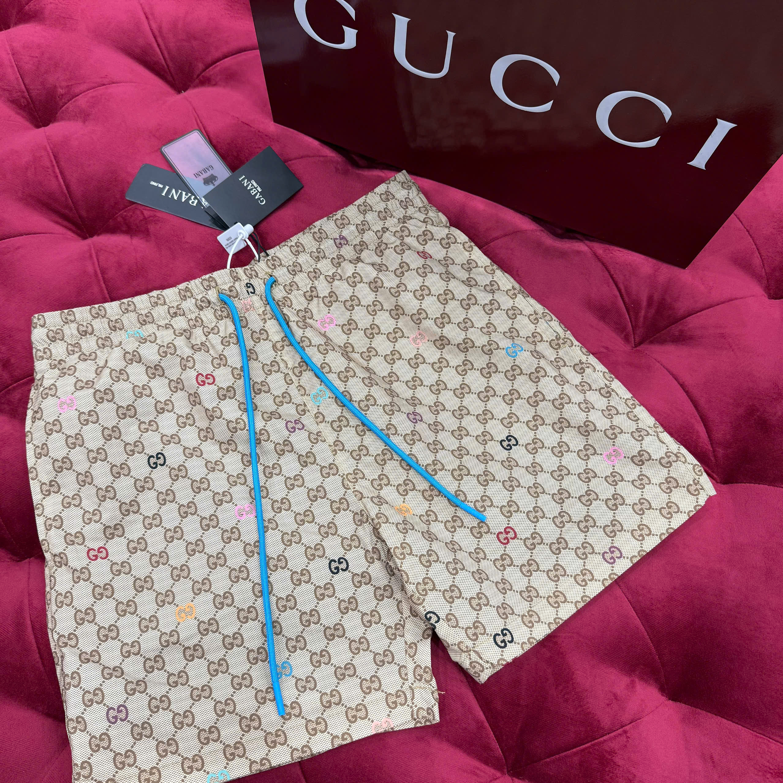 Quần short gió Gucci GC Nâu họa tiết monogram full phối dây Xanh Like Auth CD