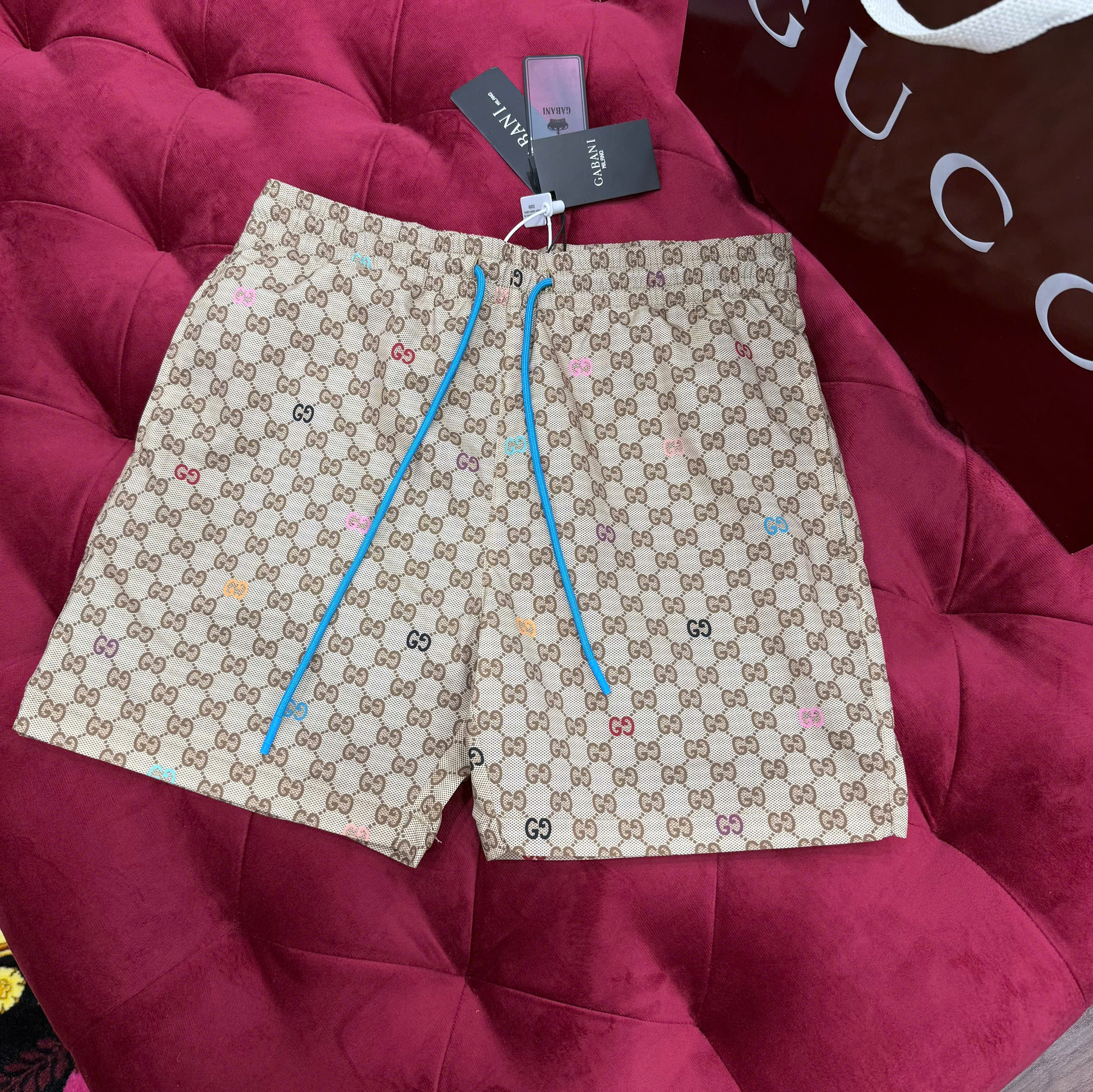 Quần short gió Gucci GC Nâu họa tiết monogram full phối dây Xanh Like Auth CD