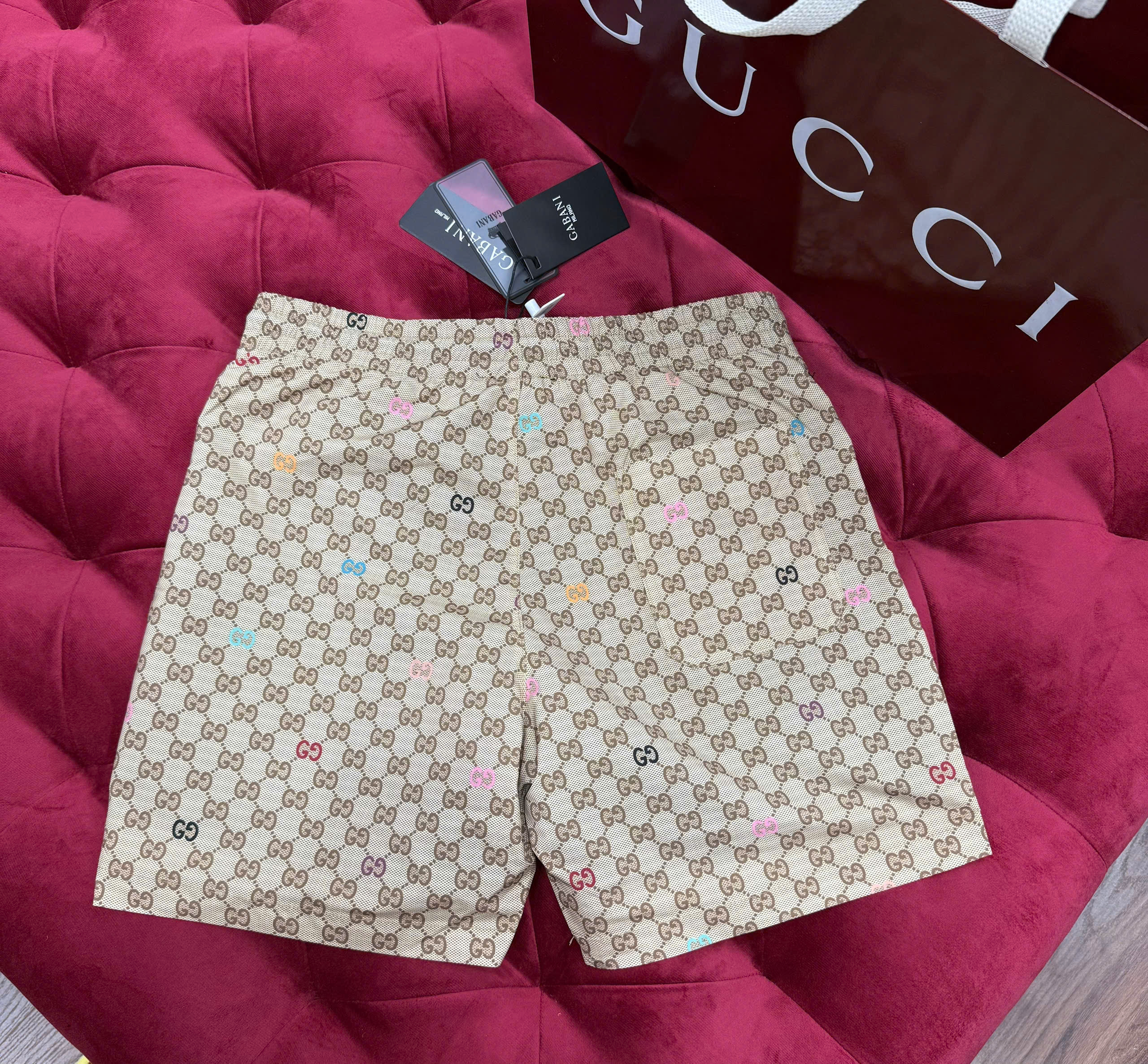 Quần short gió Gucci GC Nâu họa tiết monogram full phối dây Xanh Like Auth CD