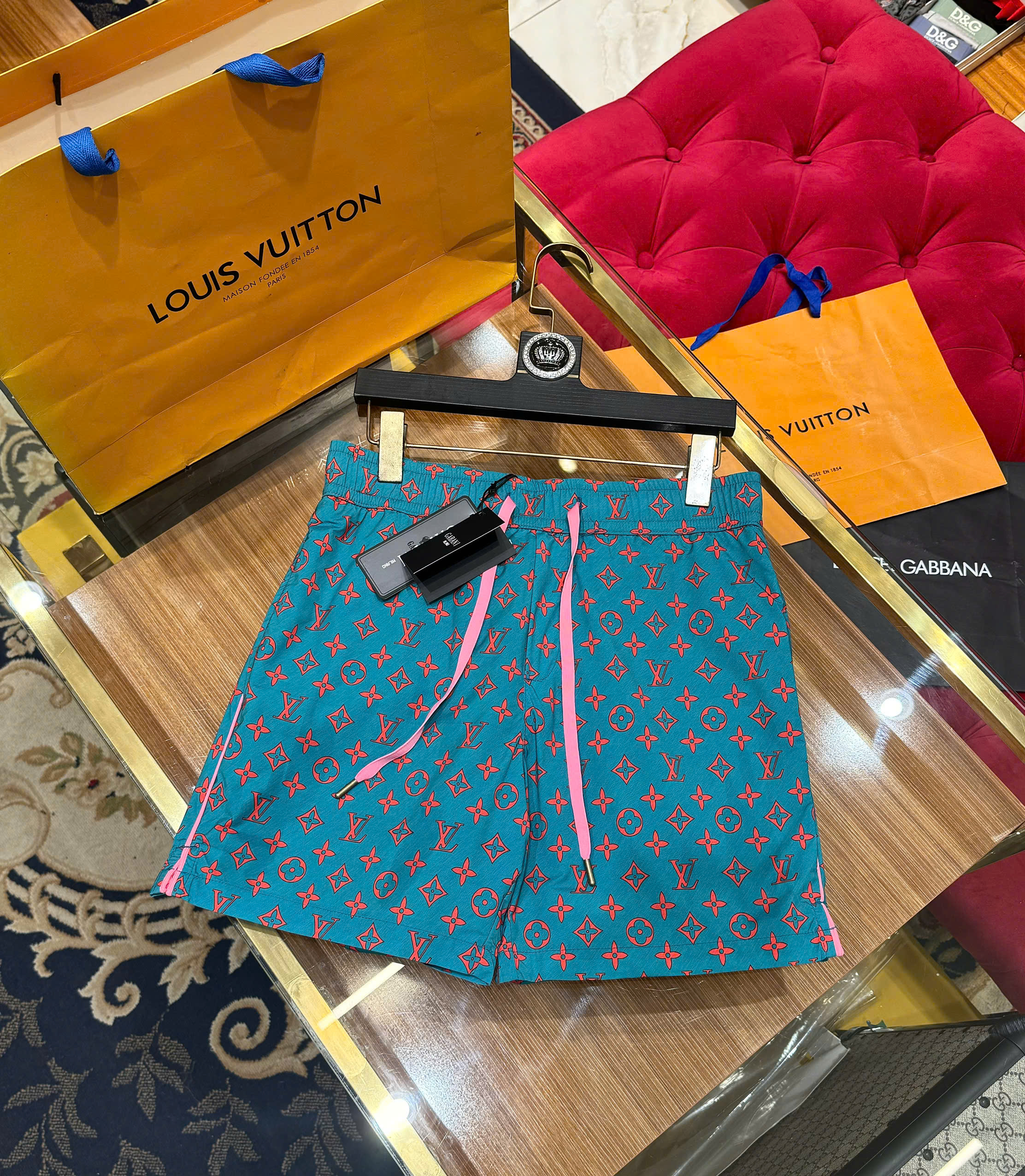 Quần short gió Lousi Vuitton LV Xanh họa tiết hoa vân logo Đỏ full Like Auth CD