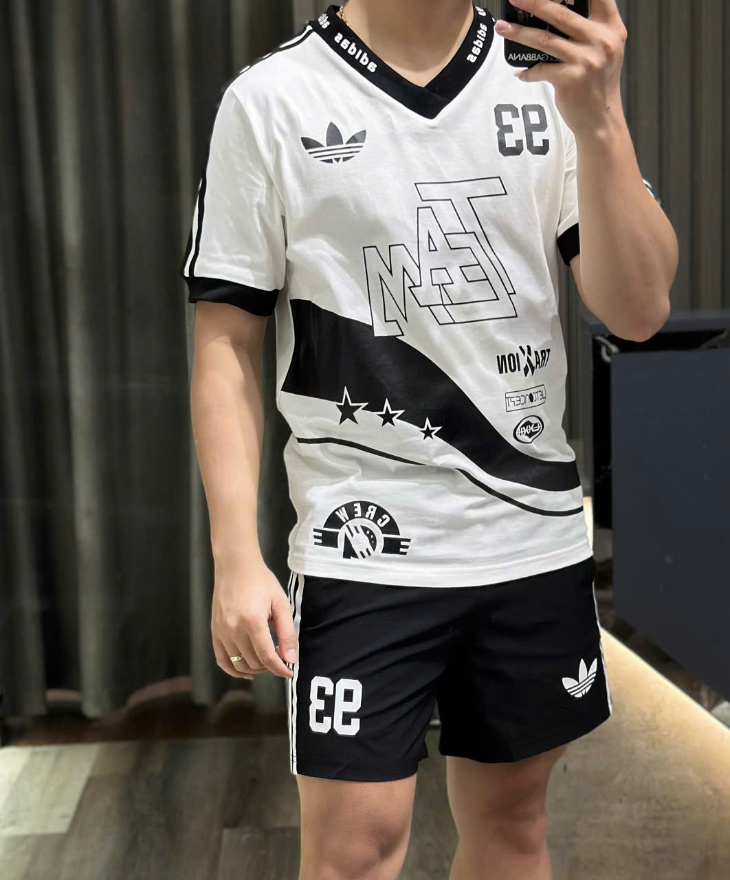Bộ, set hè cổ V Adidas A phối màu Đen Trắng Like Auth CD