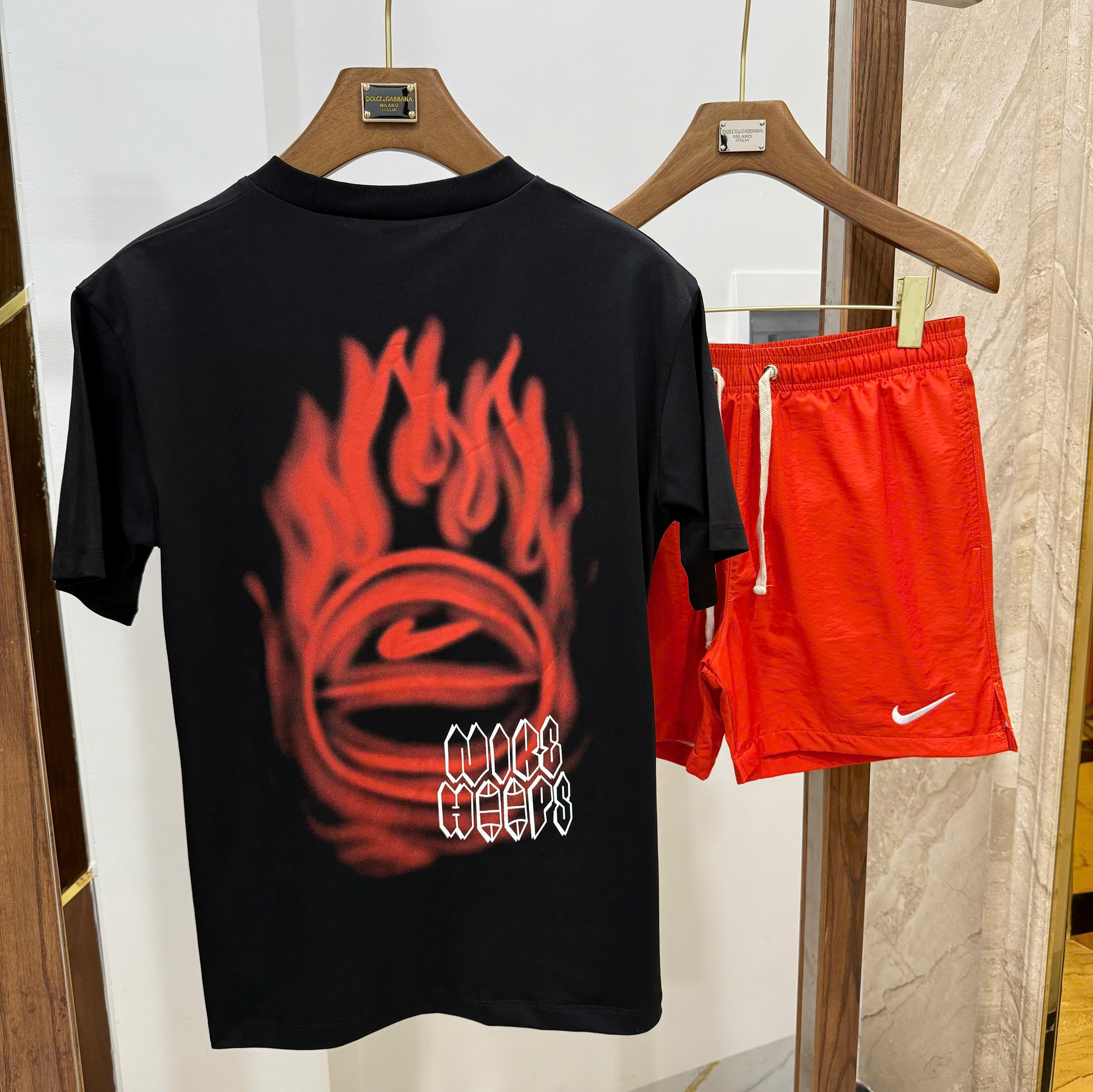 Bộ, set hè Nike NK họa tiết lửa phối Đỏ Like Auth CD