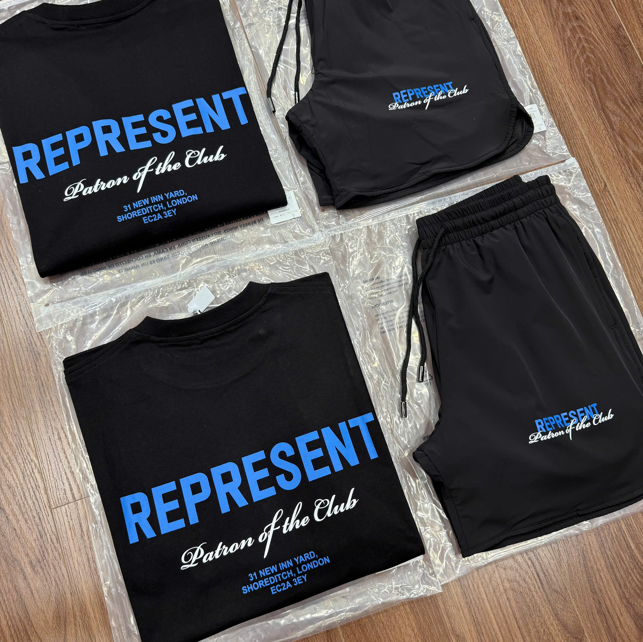 Bộ, set hè Represent Đen logo chữ Xanh Like Auth CD