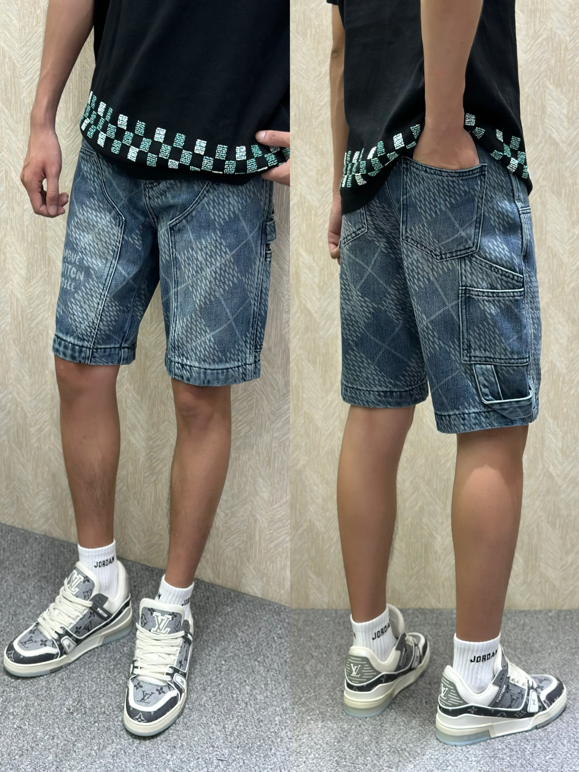 Quần short jean Louis Vuitton LV Xanh loang họa tiết kẻ ô Trắng full Like Auth VTN