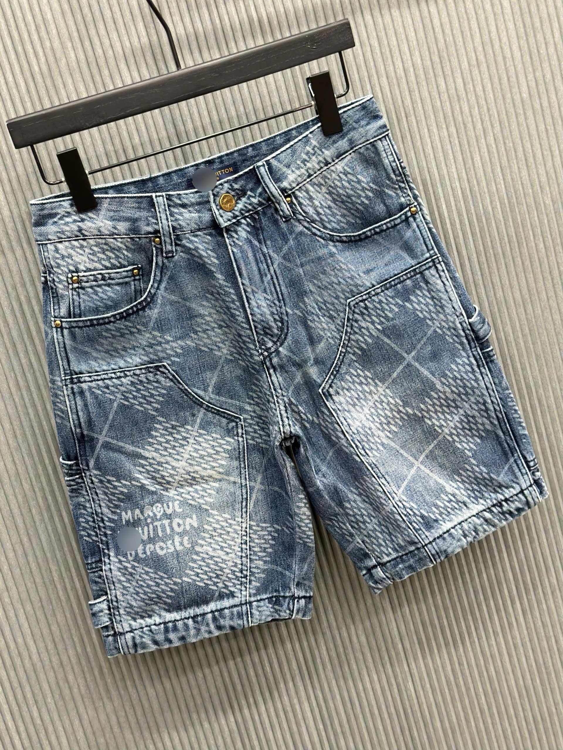 Quần short jean Louis Vuitton LV Xanh loang họa tiết kẻ ô Trắng full Like Auth VTN