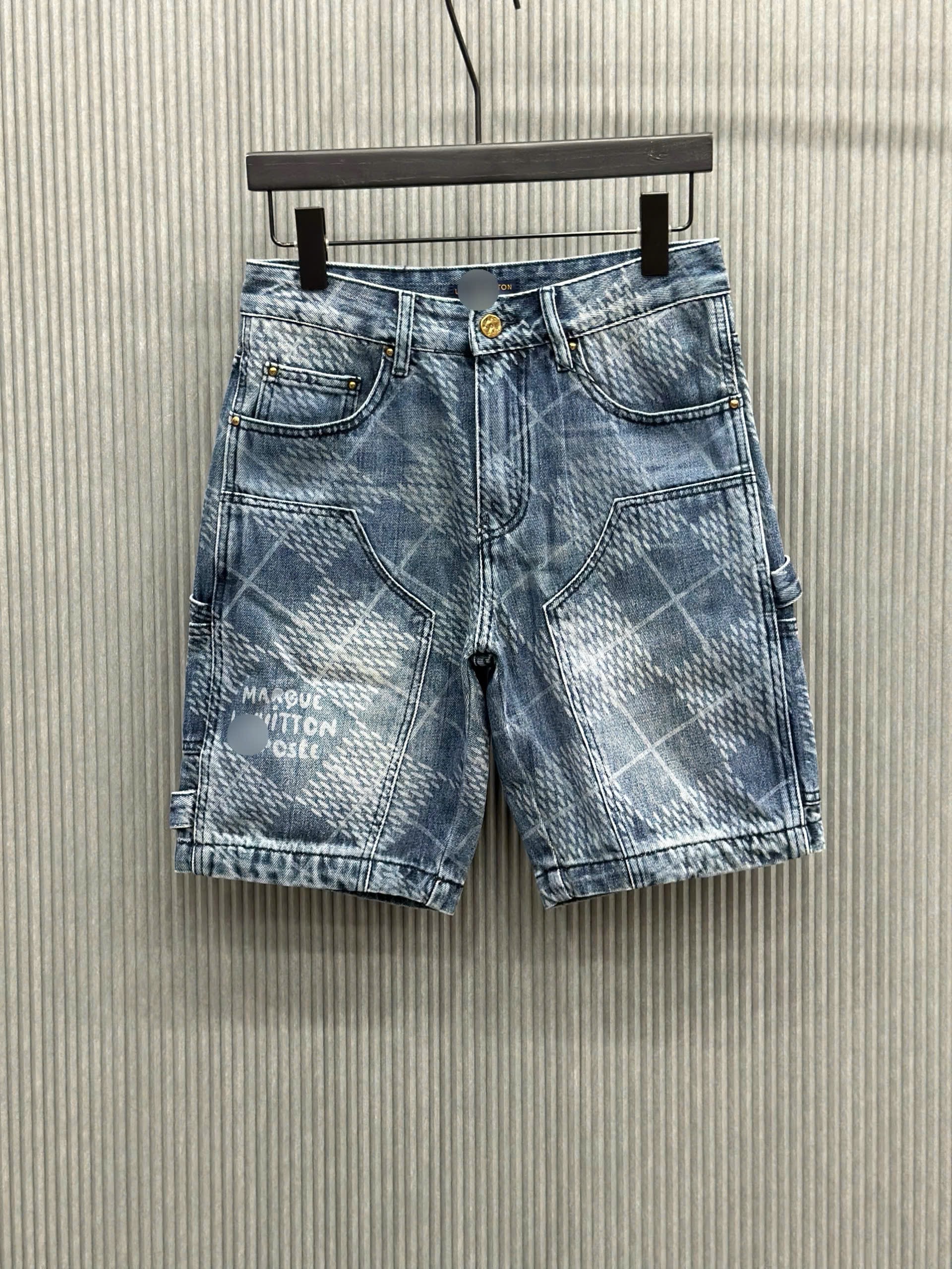 Quần short jean Louis Vuitton LV Xanh loang họa tiết kẻ ô Trắng full Like Auth VTN