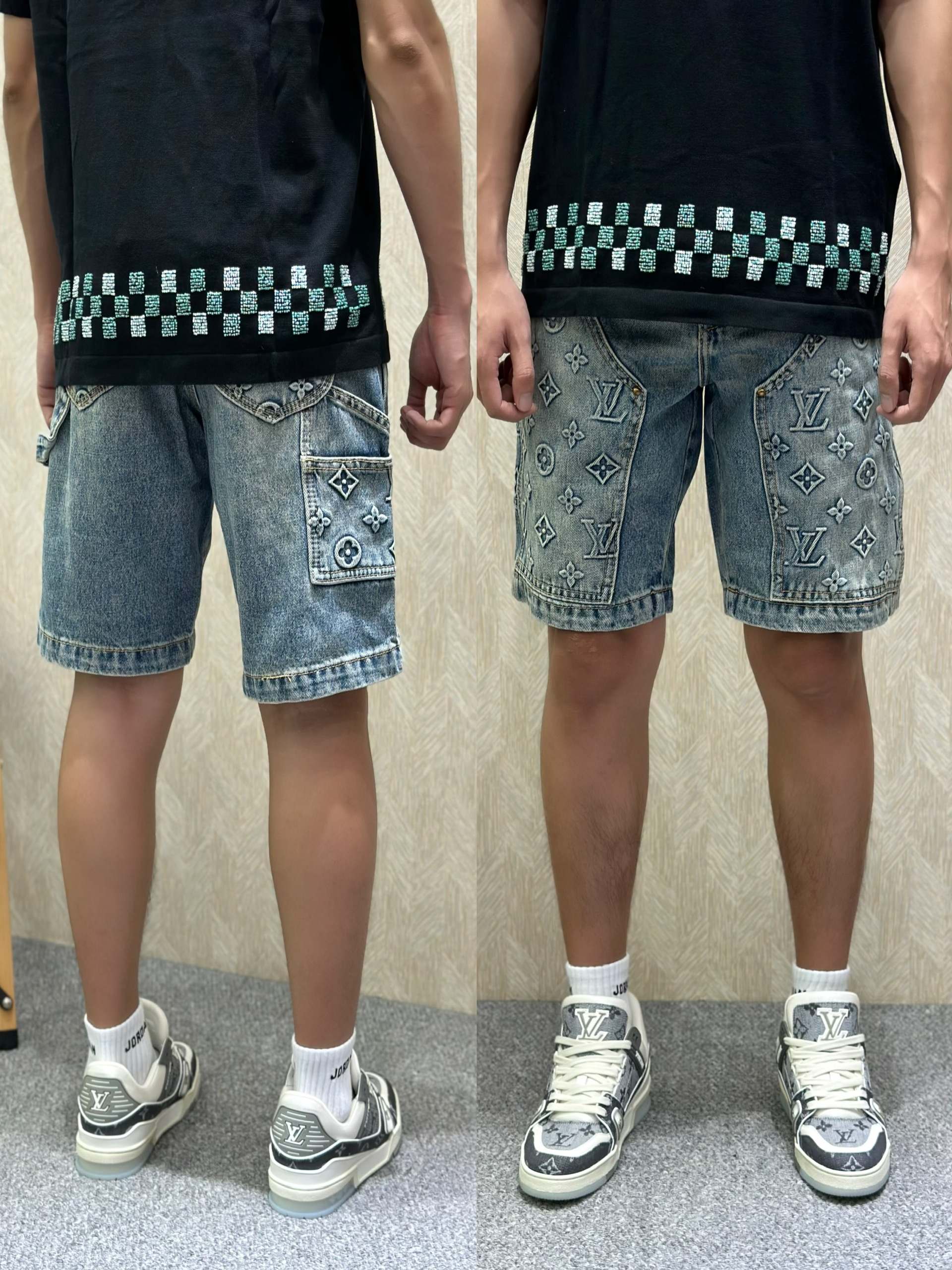 Quần short jean Louis Vuitton LV Xanh loang họa tiết hoa vân logo dập nổi Like Auth VTN