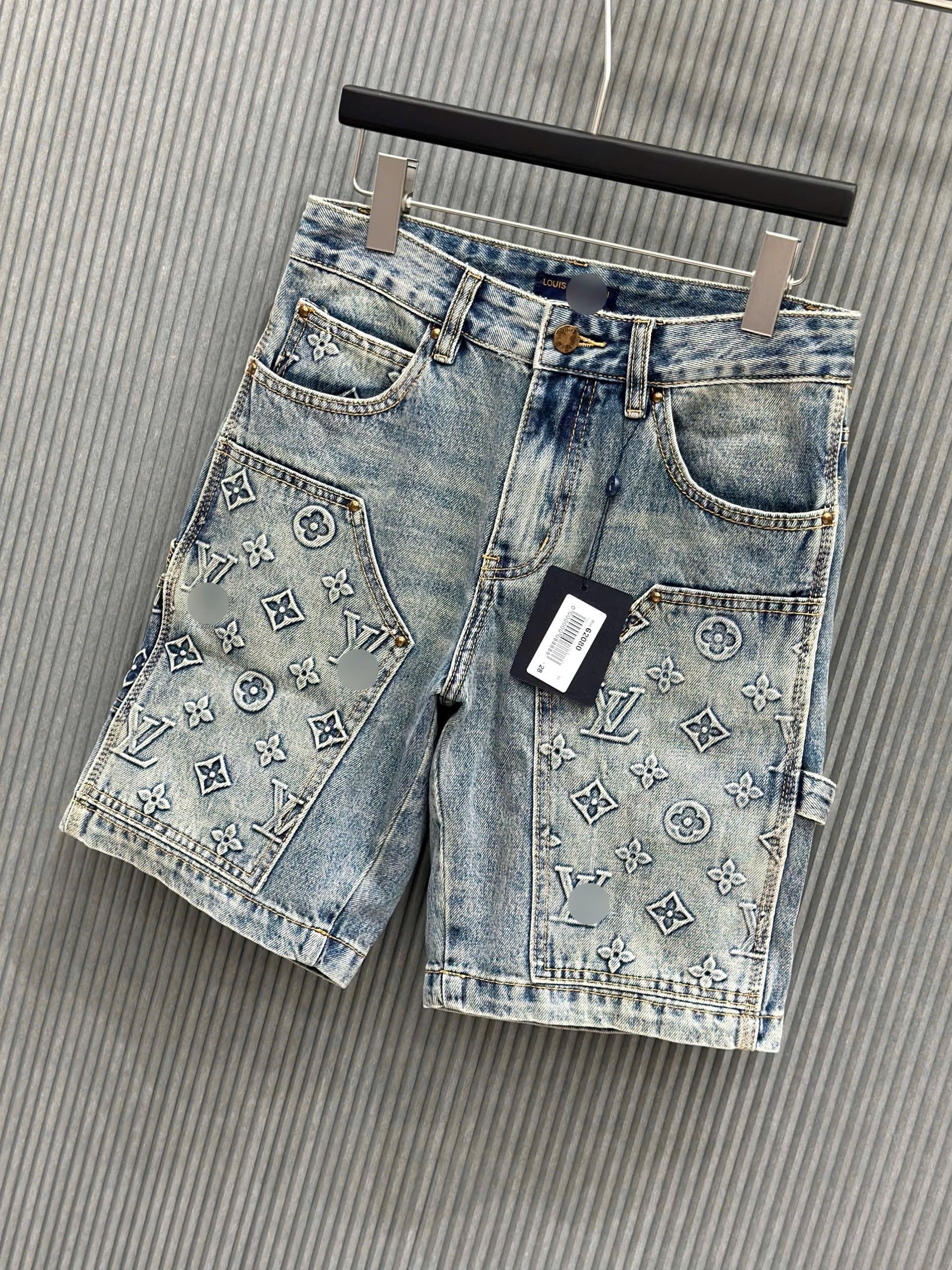 Quần short jean Louis Vuitton LV Xanh loang họa tiết hoa vân logo dập nổi Like Auth VTN