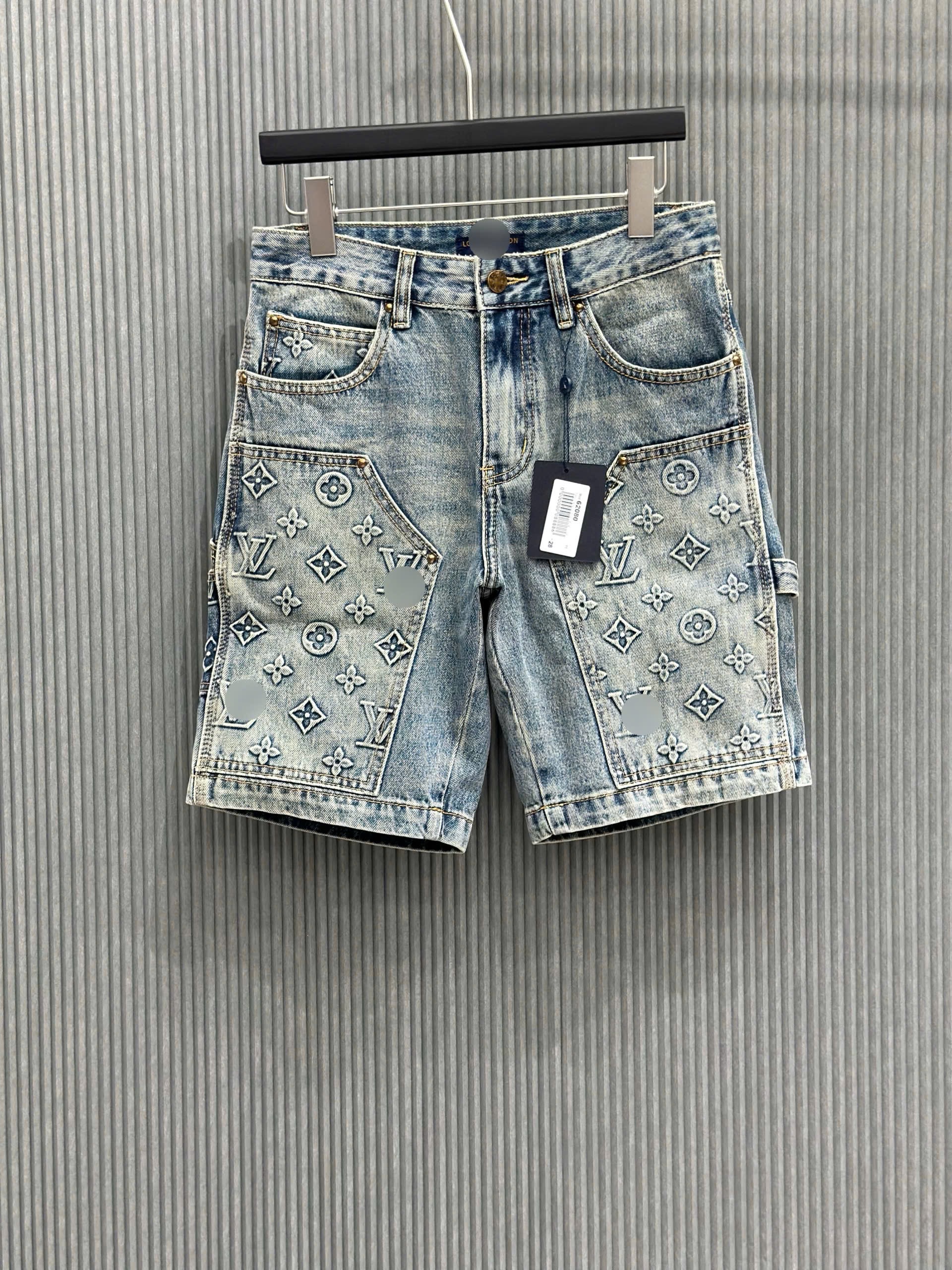 Quần short jean Louis Vuitton LV Xanh loang họa tiết hoa vân logo dập nổi Like Auth VTN