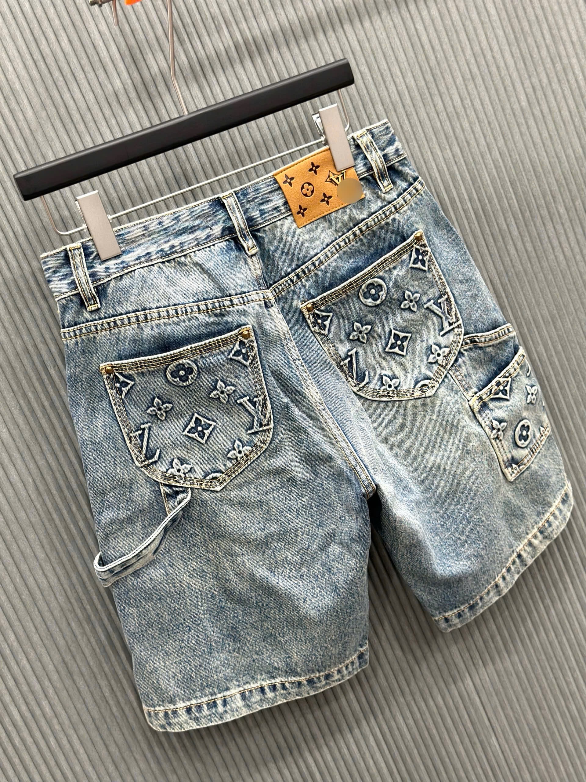 Quần short jean Louis Vuitton LV Xanh loang họa tiết hoa vân logo dập nổi Like Auth VTN