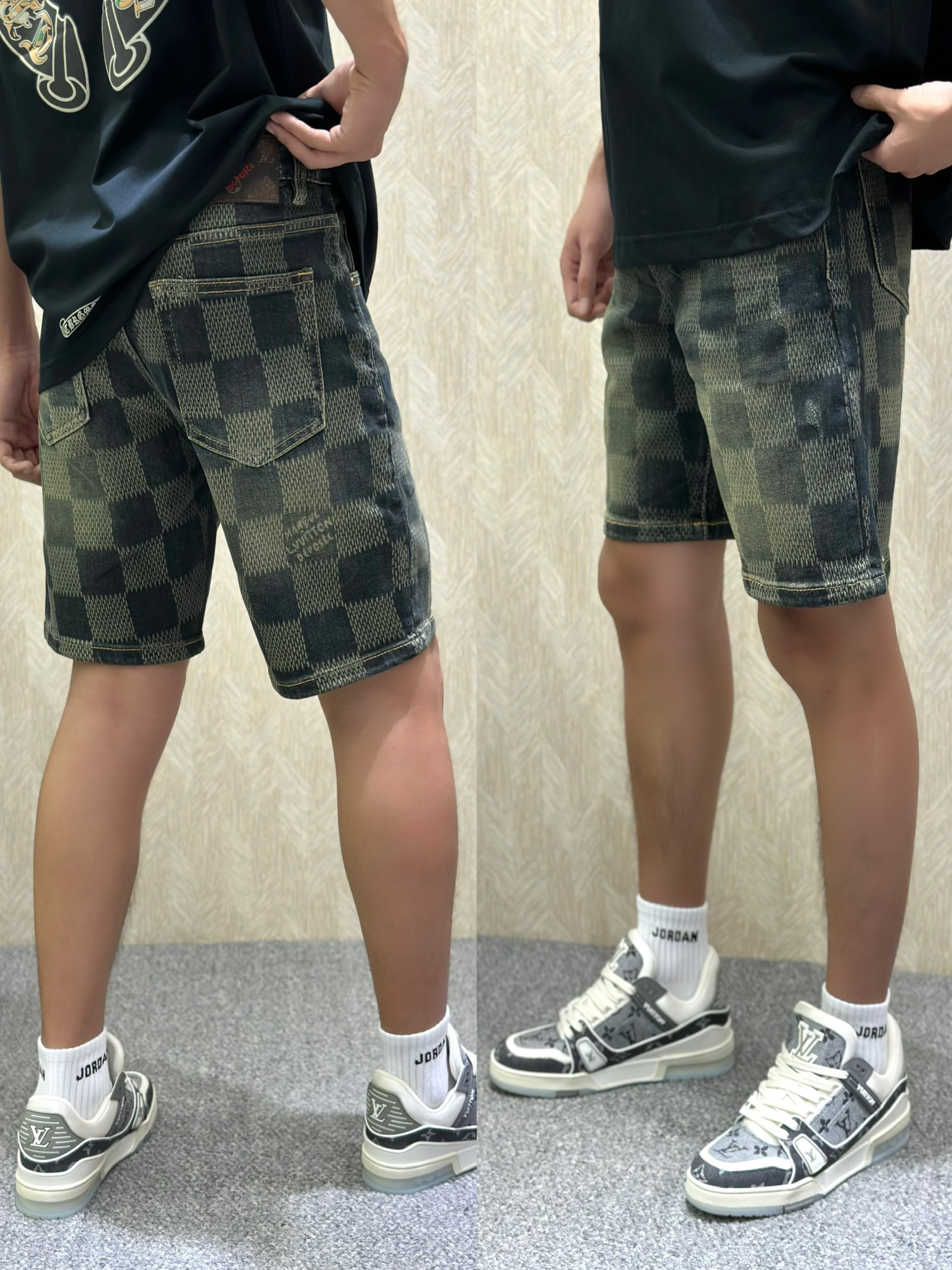 Quần short jean Louis Vuitton LV Xanh rêu loang họa tiết caro full Like Auth VTN