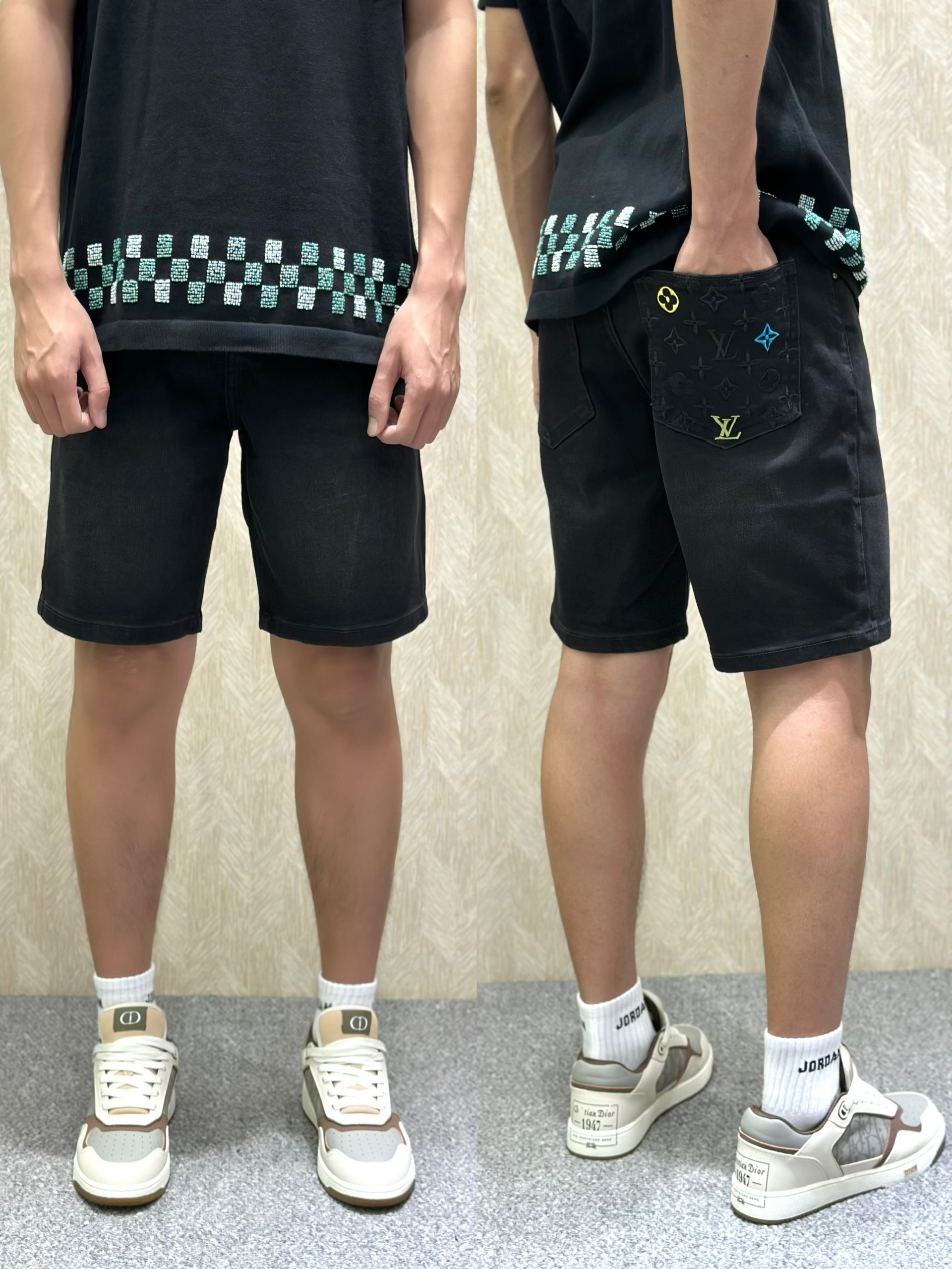 Quần short jean Louis Vuitton LV Đen họa tiết hoa vân logo thêu cạp túi Like Auth VTN