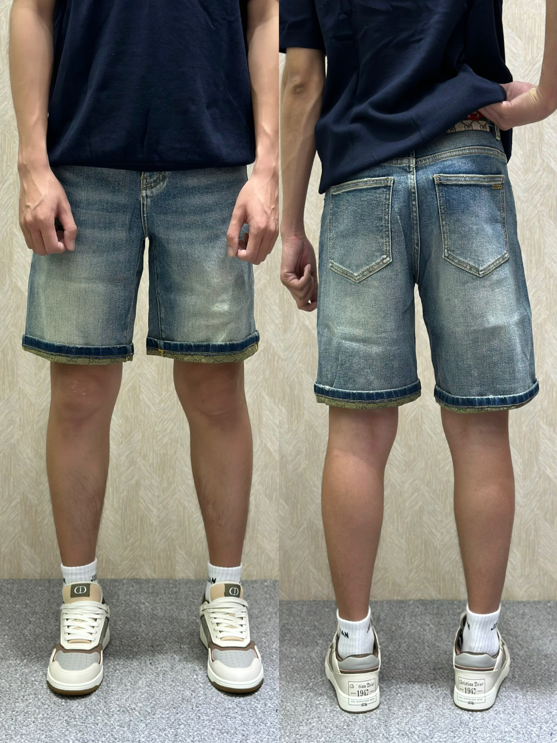 Quần short jean Gucci GC Xanh loang họa tiết gấu logo check tem cạp Like Auth VTN
