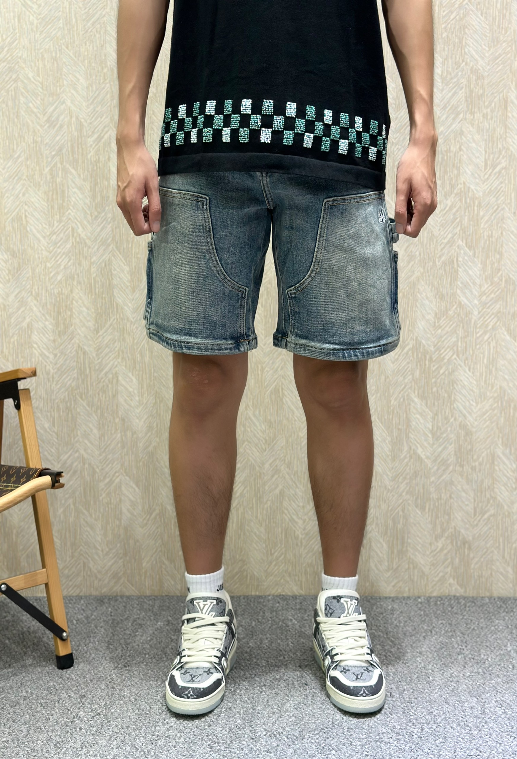 Quần short jean Amiri A Xanh loang túi đùi Like Auth VTN