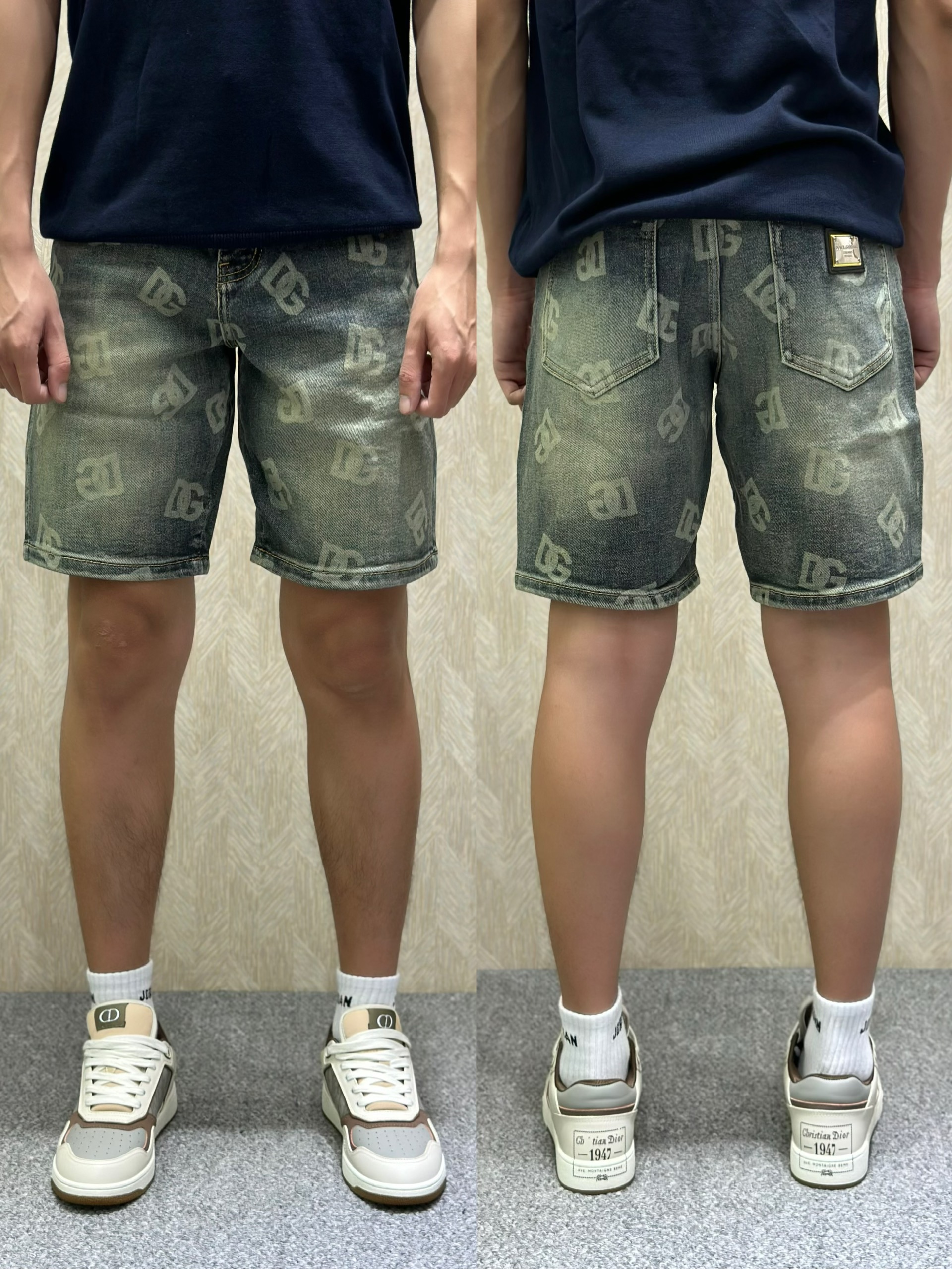 Quần short jean Dolce Gabbana DG Xanh loang họa tiết logo chữ Trắng full Like Auth VTN
