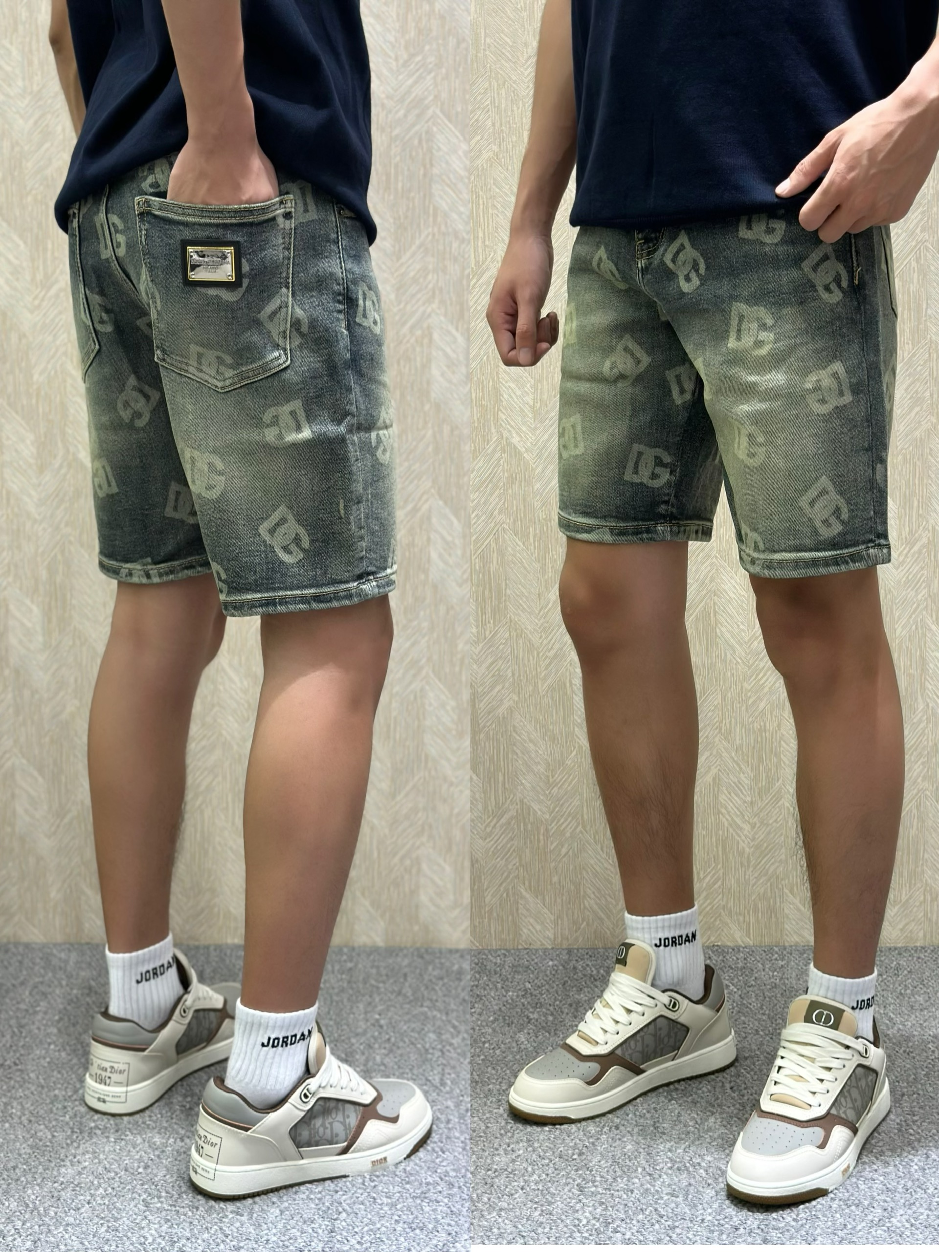 Quần short jean Dolce Gabbana DG Xanh loang họa tiết logo chữ Trắng full Like Auth VTN