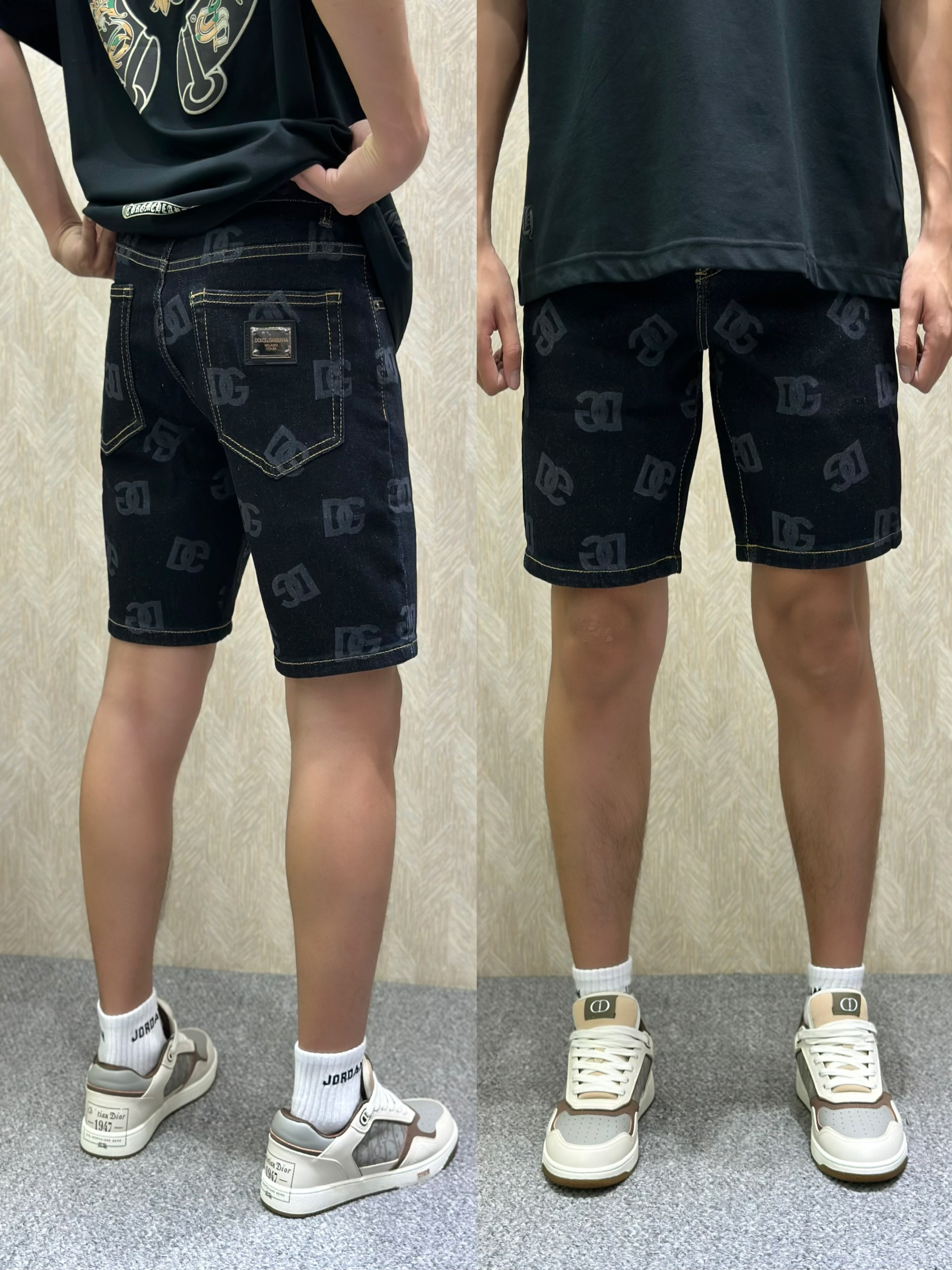 Quần short jean Dolce Gabbana DG Đen phối họa tiết thổ cẩm Trắng VTN