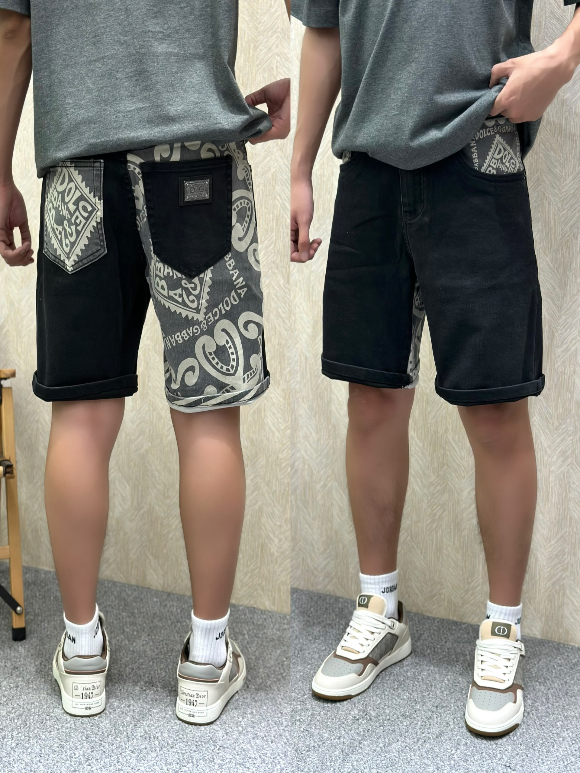 Quần short jean Dolce Gabbana DG Đen phối họa tiết thổ cẩm Trắng VTN