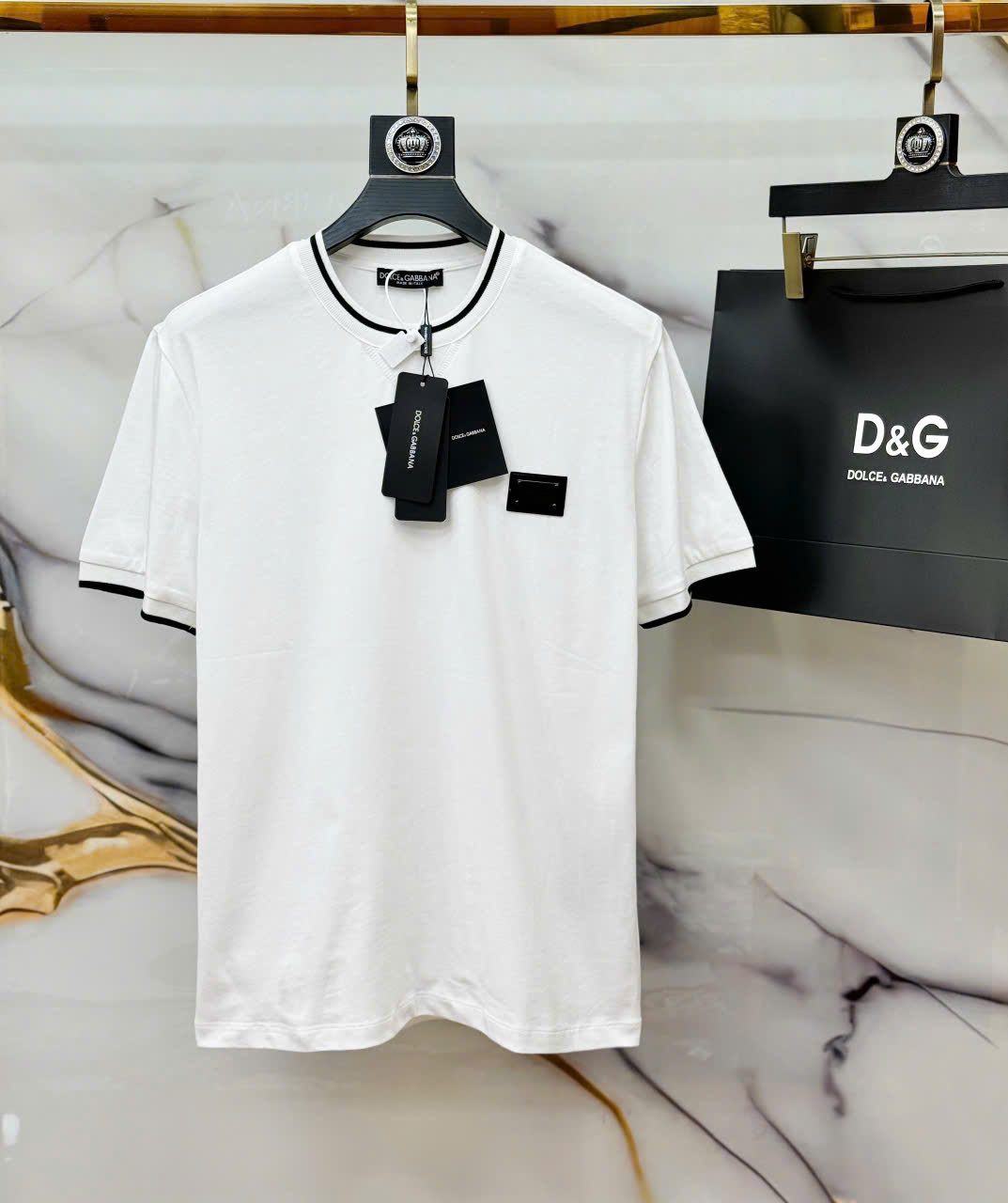 Áo phông T-shirt Dolce Gabbana DG logo tag thêu ngực kẻ viền cổ tay Like Auth LK