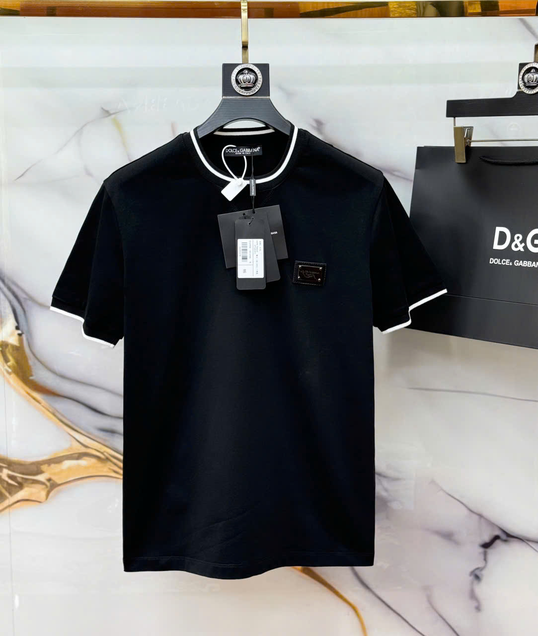 Áo phông T-shirt Dolce Gabbana DG logo tag thêu ngực kẻ viền cổ tay Like Auth LK