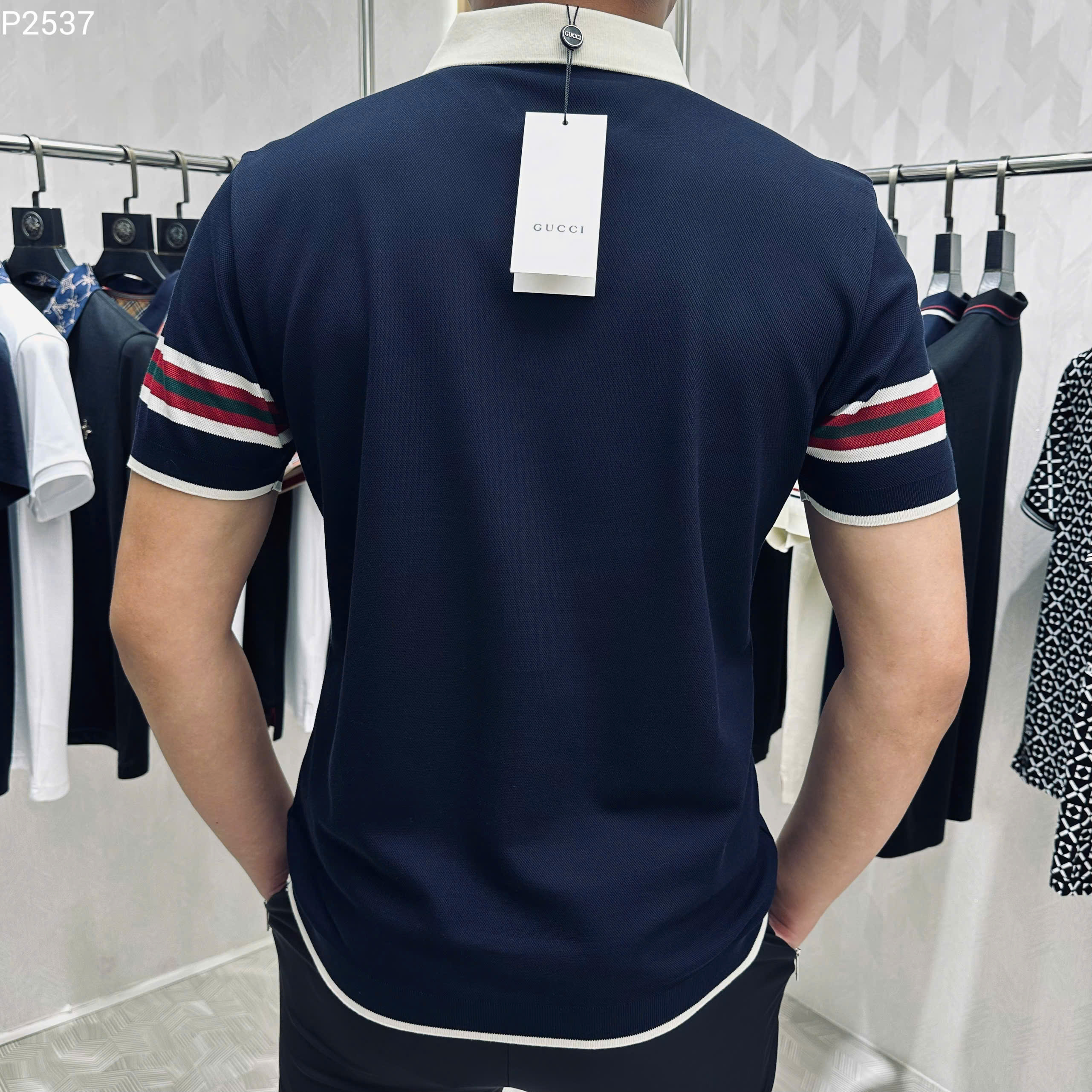 Áo polo Gucci GC Xanh than phối cổ kẻ sọc màu tay Like Auth MK